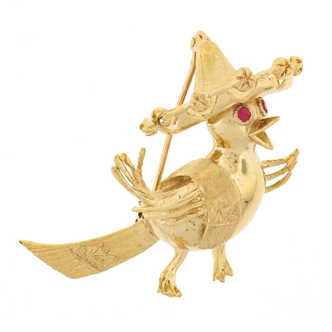 Vintage 14K Yellow Gold 3D Bird Hat Pin Brooch with Ruby: Vintage 14K Yellow Gold 3D Bird Hat Pin Brooch with Ruby This exquisite vintage brooch features a beautifully crafted 3D design of a bird wearing a hat, made from solid 14K yellow gold. The brooch is
