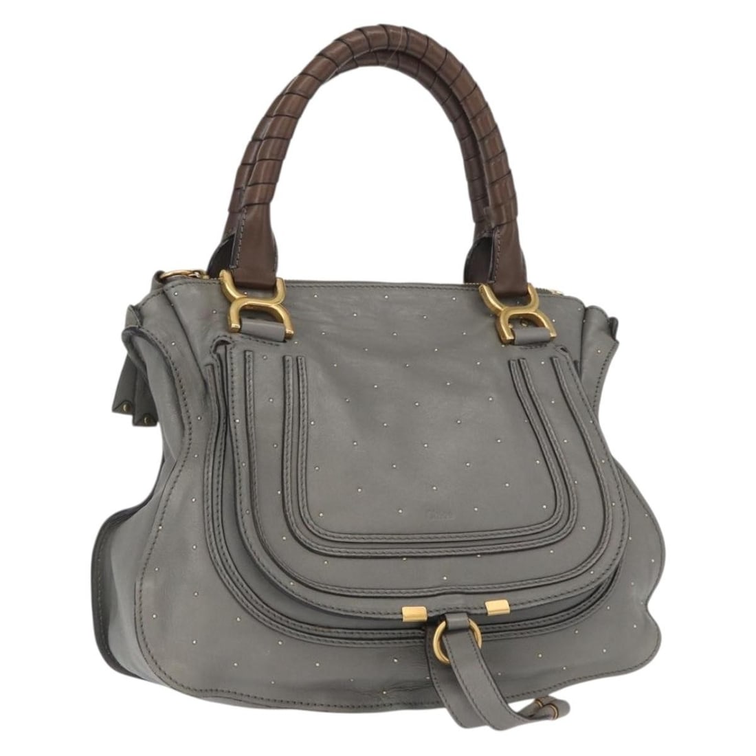 Gray Leather Mercy Tote Bag by Chloe with Gold Accents and Guarantee Card: Gray Leather Mercy Tote Bag by Chloe with Gold Accents and Guarantee Card This Chloe Mercy handbag is crafted from leather in a sophisticated gray and gold color combination. Made in Italy, it feature