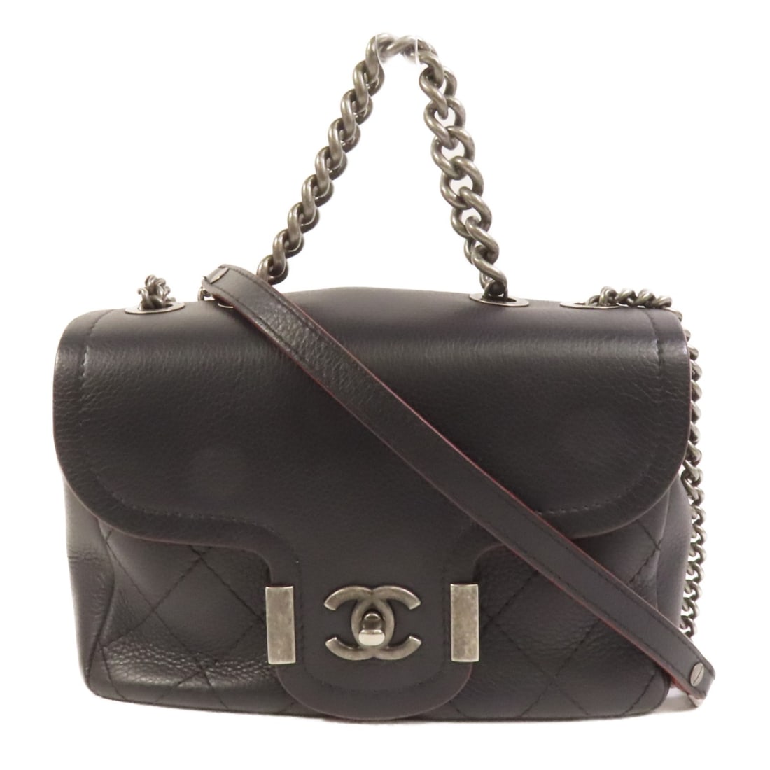 Black Calfskin Leather CHANEL 2-Way Shoulder Bag with Silver Tone CC: Black Calfskin Leather CHANEL 2-Way Shoulder Bag with Silver Tone CC This CHANEL 2-way shoulder bag is crafted from black calfskin leather and offers versatile styling options. Made in France, it feat