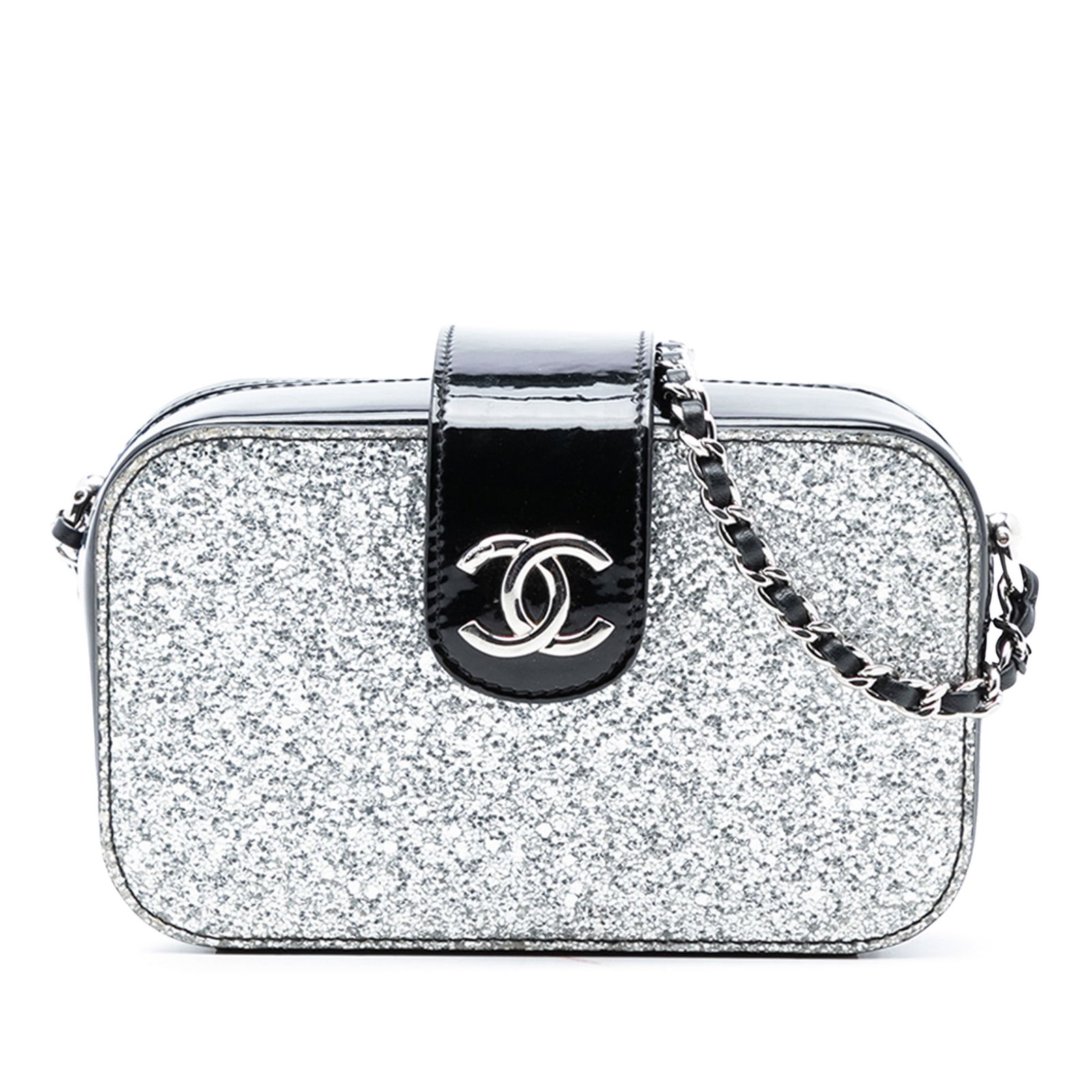 Silver Chanel On The Moon Glitter Patent Leather Crossbody Camera Bag: Silver Chanel On The Moon Glitter Patent Leather Crossbody Camera Bag This Chanel Glitter Patent Evening On The Moon Camera Case crossbody bag features a glittered patent leather exterior in silver, c