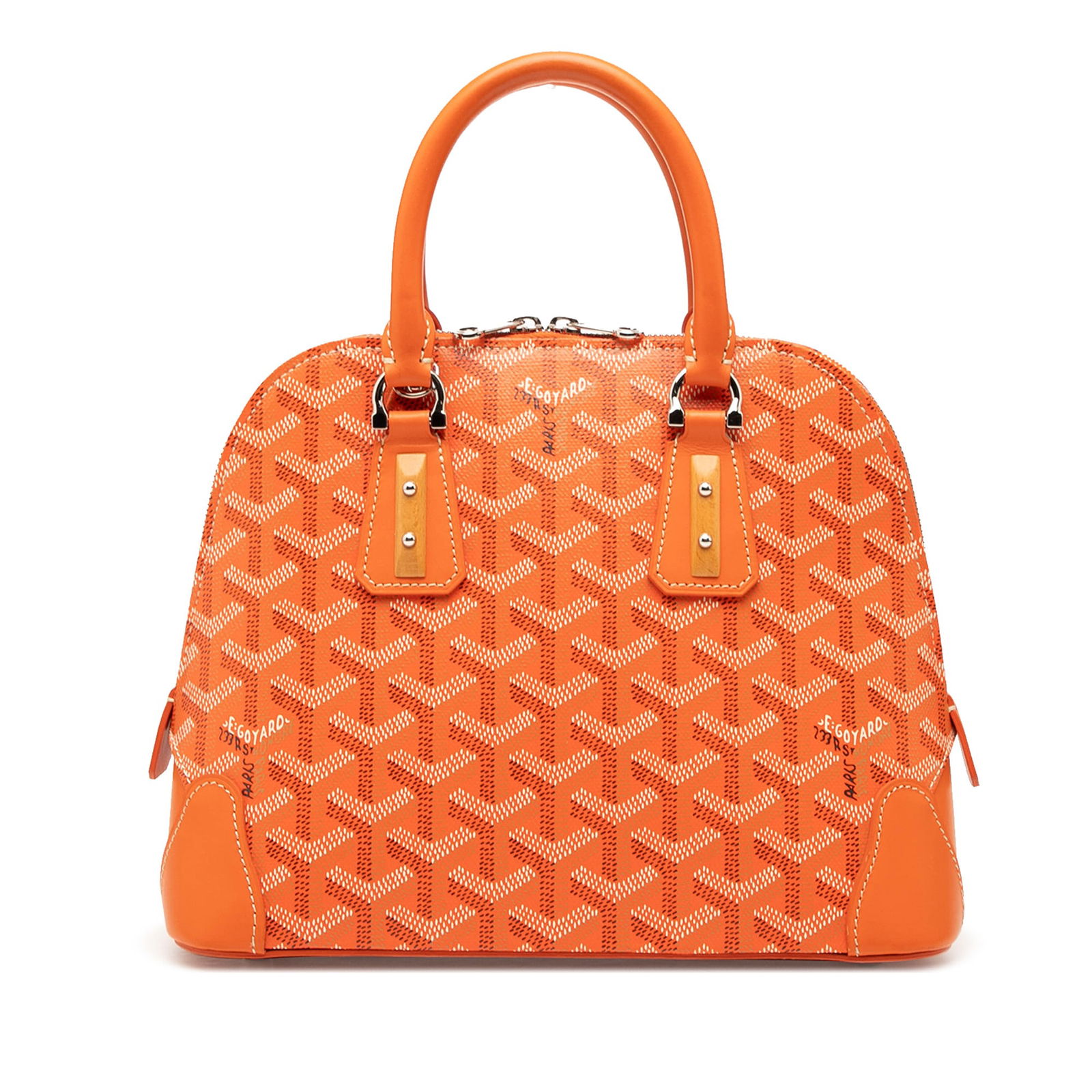 Goyard Goyardine Vendome Mini Orange Coated Canvas Bag with Leather Trim: Goyard Goyardine Vendome Mini Orange Coated Canvas Bag with Leather Trim The Goyardine Vendome Mini features a coated canvas exterior with leather trim, rolled leather handles, a top zip closure, and