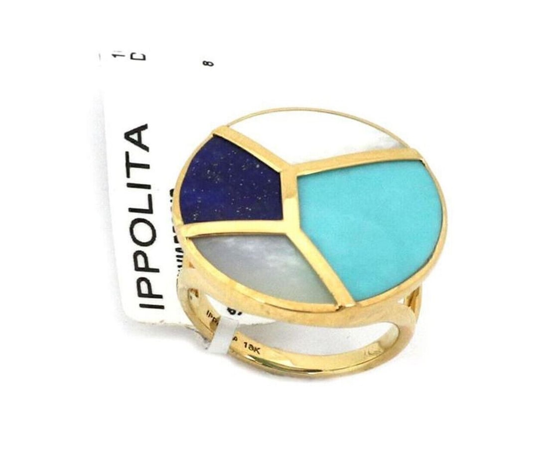 18k Yellow Gold Ippolita Rock Candy Multi-Gemstone Round Ring Size 7: 18k Yellow Gold Ippolita Rock Candy Multi-Gemstone Round Ring Size 7 This Ippolita Rock Candy ring features a vibrant arrangement of mother of pearl, turquoise, and lapis gemstones set in 18k yellow g