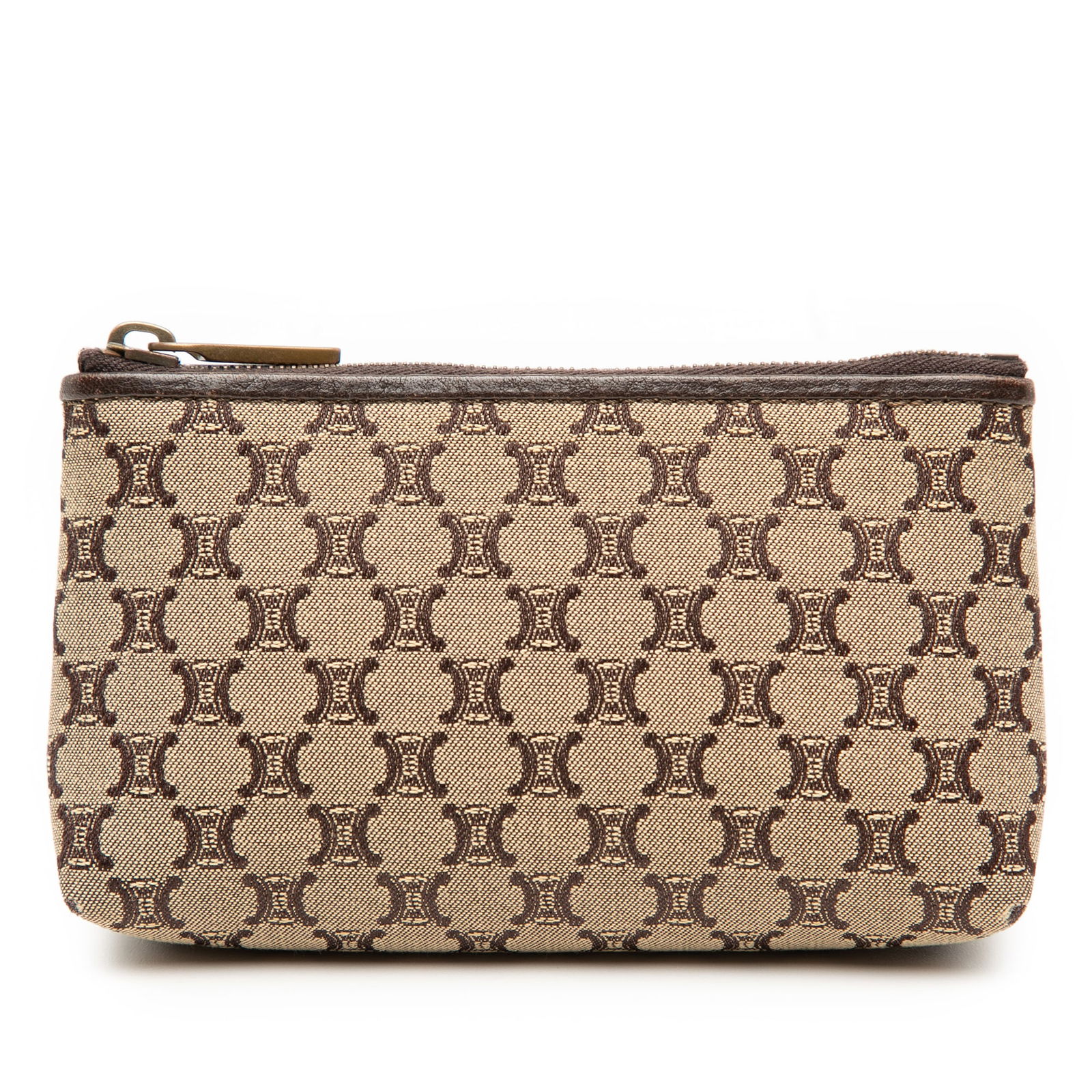 Brown Canvas Coin Wallet with Leather Trim by Celine Macadam: Brown Canvas Coin Wallet with Leather Trim by Celine Macadam This Celine Macadam coin pouch is crafted from canvas with leather trim and features a top zip closure. The pouch comes in brown and is mad