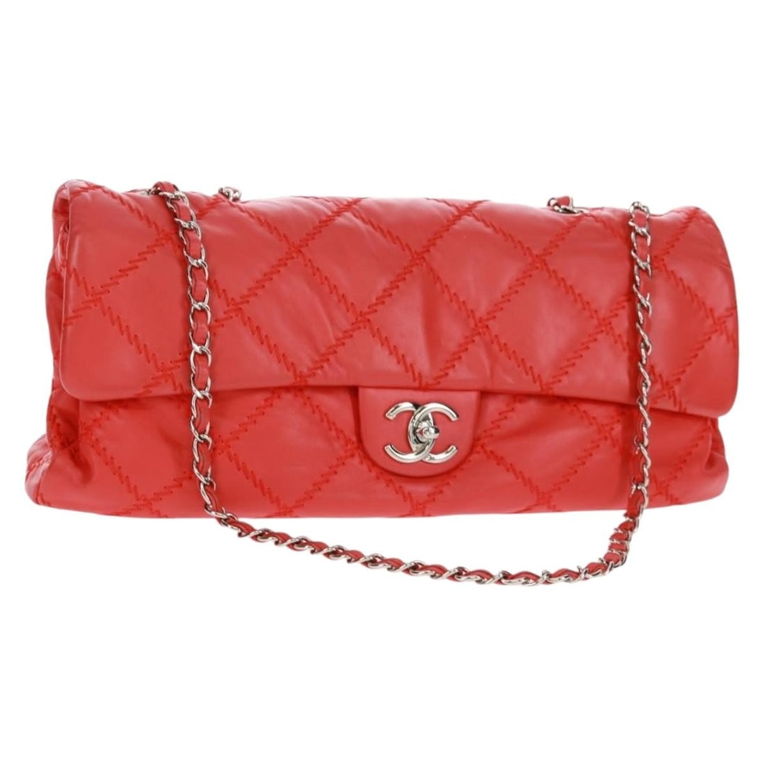 Red Lambskin Leather Ultimate Stitch Flap Shoulder Bag by Chanel: Red Lambskin Leather Ultimate Stitch Flap Shoulder Bag by Chanel This Chanel Ultimate Stitch Flap Bag is crafted from red leather with a quilted lambskin finish. Designed for women, it features a clas
