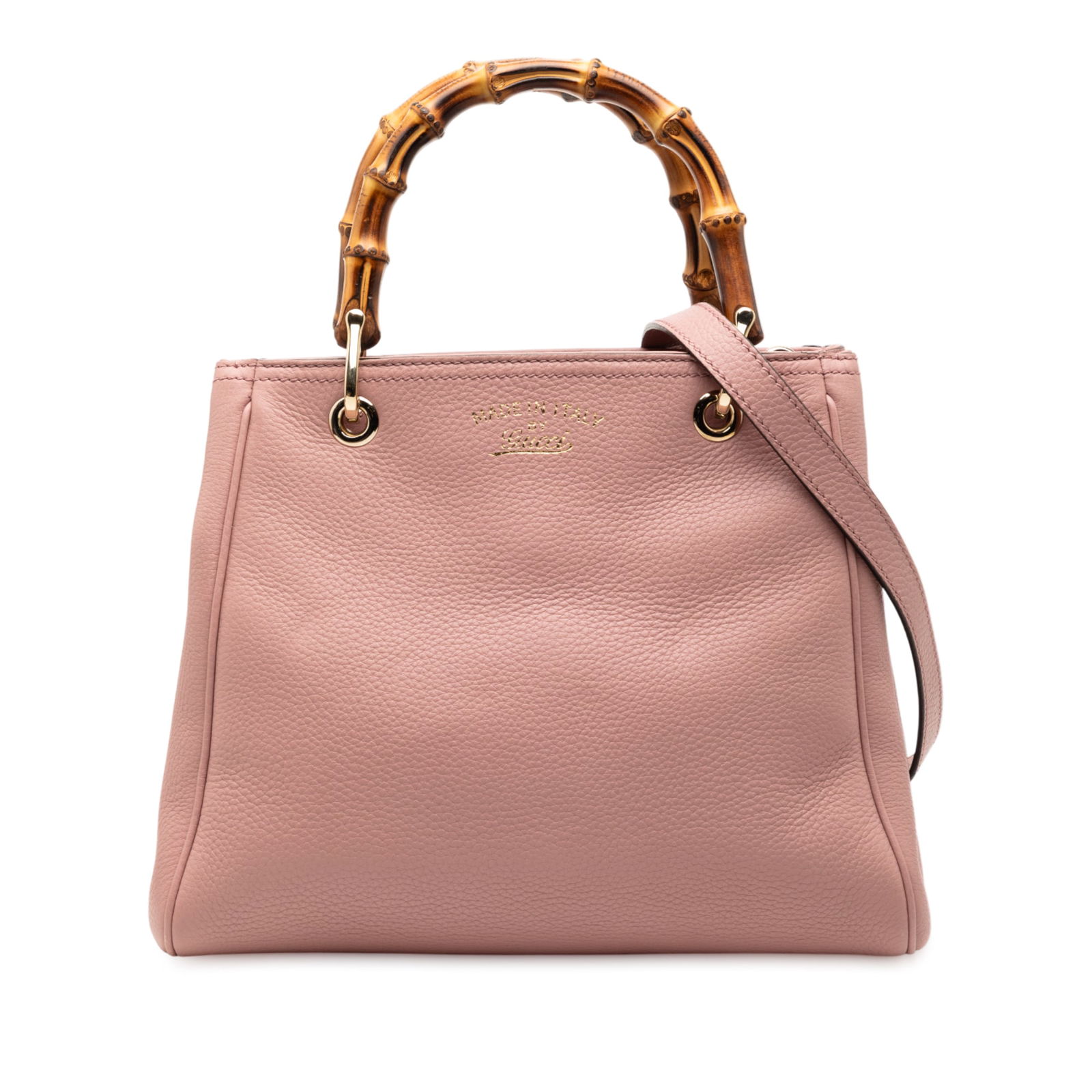 Gucci Bamboo Shopper Small Pink Leather Satchel with Detachable Strap: Gucci Bamboo Shopper Small Pink Leather Satchel with Detachable Strap This Gucci Small Calfskin Bamboo Shopper Satchel features a pink leather body with signature bamboo handles and a detachable flat