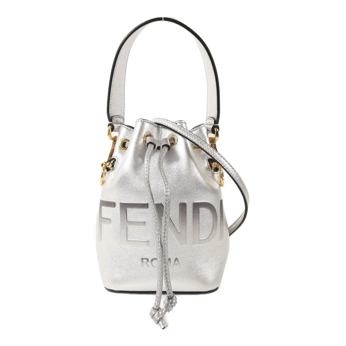 Fendi Mon Tresor Silver Calfskin Bucket Bag with Gold Hardware: Fendi Mon Tresor Silver Calfskin Bucket Bag with Gold Hardware This Fendi Mon Tresor bucket bag offers versatile two-way wear as a shoulder bag or crossbody. Crafted from calfskin leather in a strikin