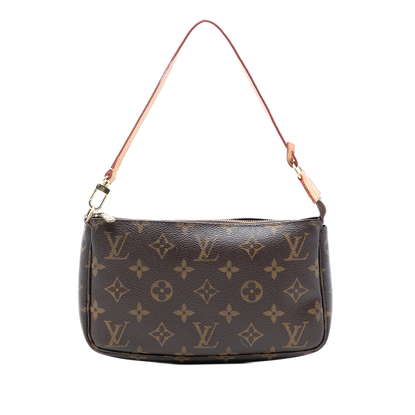 Louis Vuitton Pochette Accessoires Monogram Canvas Bag with Leather Strap: Louis Vuitton Pochette Accessoires Monogram Canvas Bag with Leather Strap This Louis Vuitton Monogram Pochette Accessoires features a classic monogram canvas body, a flat vachetta leather strap, and a
