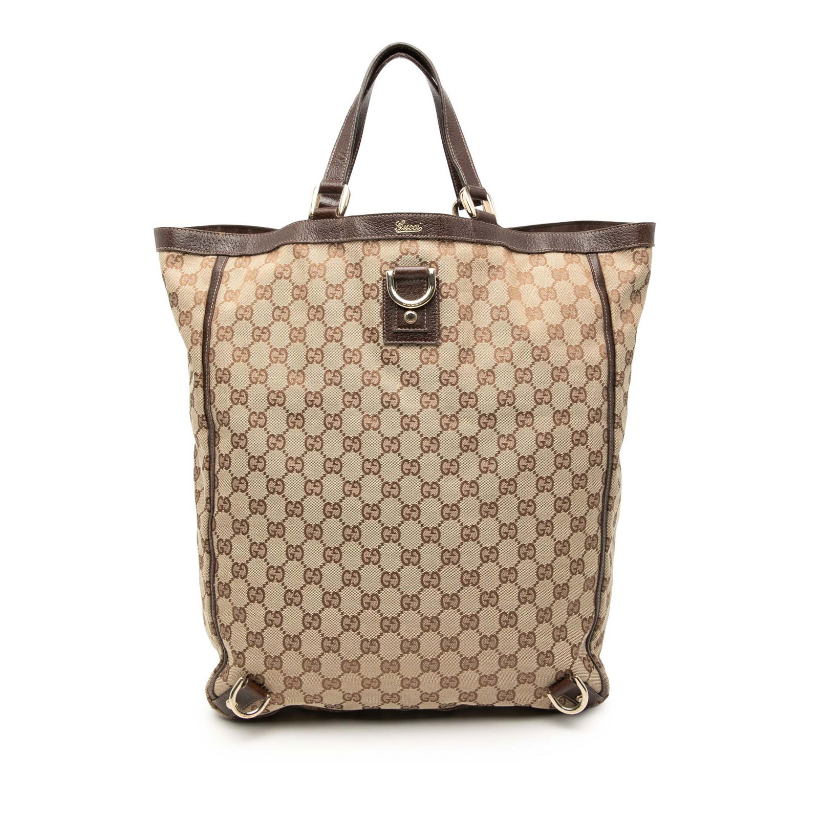 Brown Gucci Abbey D Ring GG Canvas Tote Bag with Leather Trim: Brown Gucci Abbey D Ring GG Canvas Tote Bag with Leather Trim The Gucci GG Canvas Abbey D Ring Tote features a canvas body with leather trim, flat leather handles, an open top, and interior zip and sl