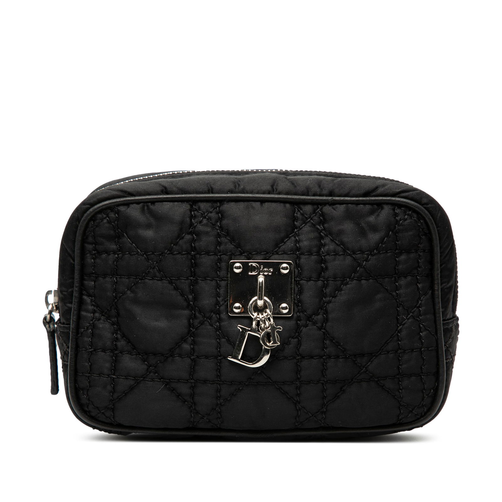 Dior Black Quilted Nylon Cannage Pouch with Charm Accent: Dior Black Quilted Nylon Cannage Pouch with Charm Accent This Dior Nylon Cannage Charm Trousse Cosmetic Bag features a quilted nylon exterior in black with a top zip closure and decorative embellishme