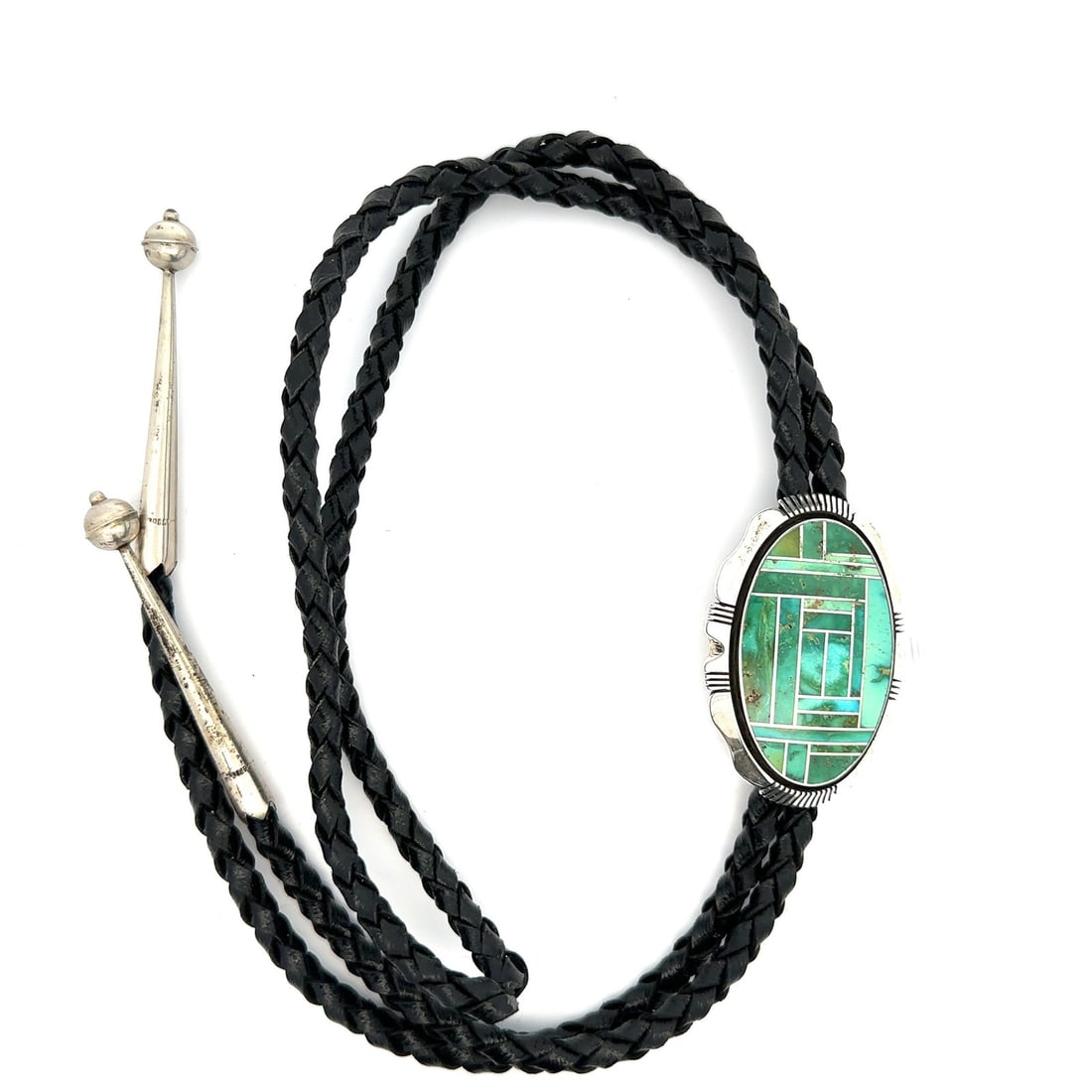 Sterling Silver Bolo Tie with Turquoise Inlay by Gilbert Nelson on Black Leather (1 of 6)