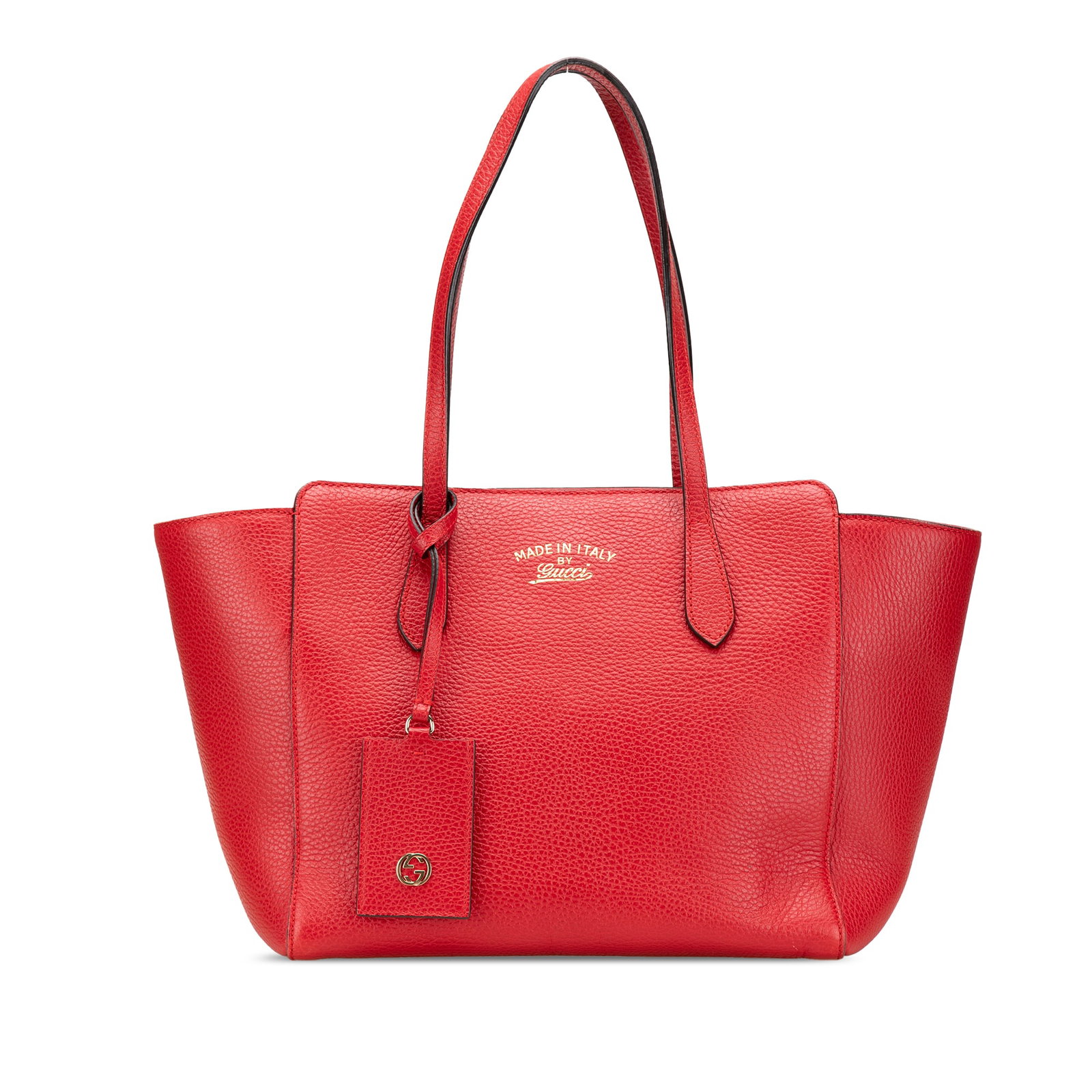 Gucci Red Medium Leather Swing Tote with Magnetic Closure: Gucci Red Medium Leather Swing Tote with Magnetic Closure This Gucci Medium Leather Swing Tote is a stylish and functional accessory designed for everyday use. Crafted from high-quality leather, it fe