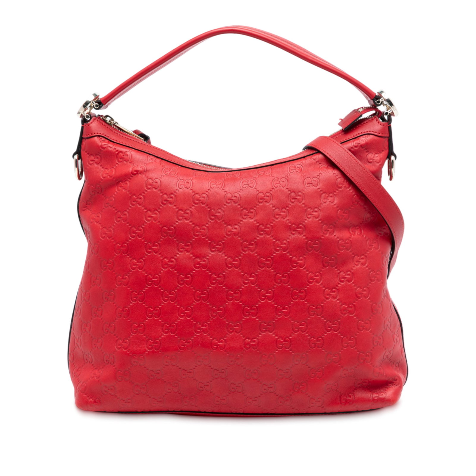 Gucci Miss GG Small Red Embossed Leather Satchel with Detachable Strap: Gucci Miss GG Small Red Embossed Leather Satchel with Detachable Strap This Small Guccissima Miss GG Satchel features an embossed leather exterior in red, a flat leather handle, a detachable flat leat