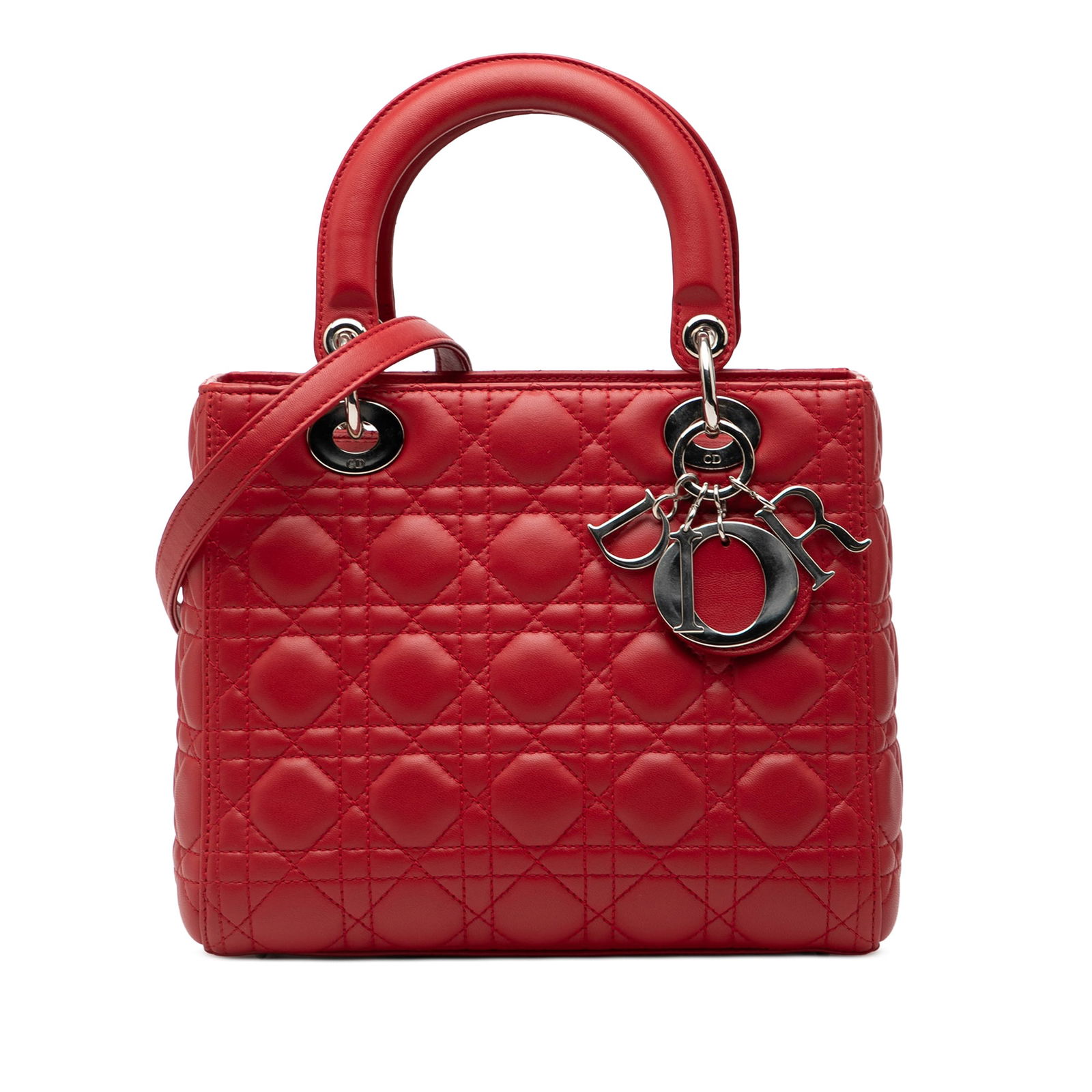 Red Dior Lady Dior Medium Quilted Lambskin Handbag with Detachable Strap: Red Dior Lady Dior Medium Quilted Lambskin Handbag with Detachable Strap This Lady Dior handbag features a quilted lambskin leather exterior in red, complemented by flat leather top handles and a deta
