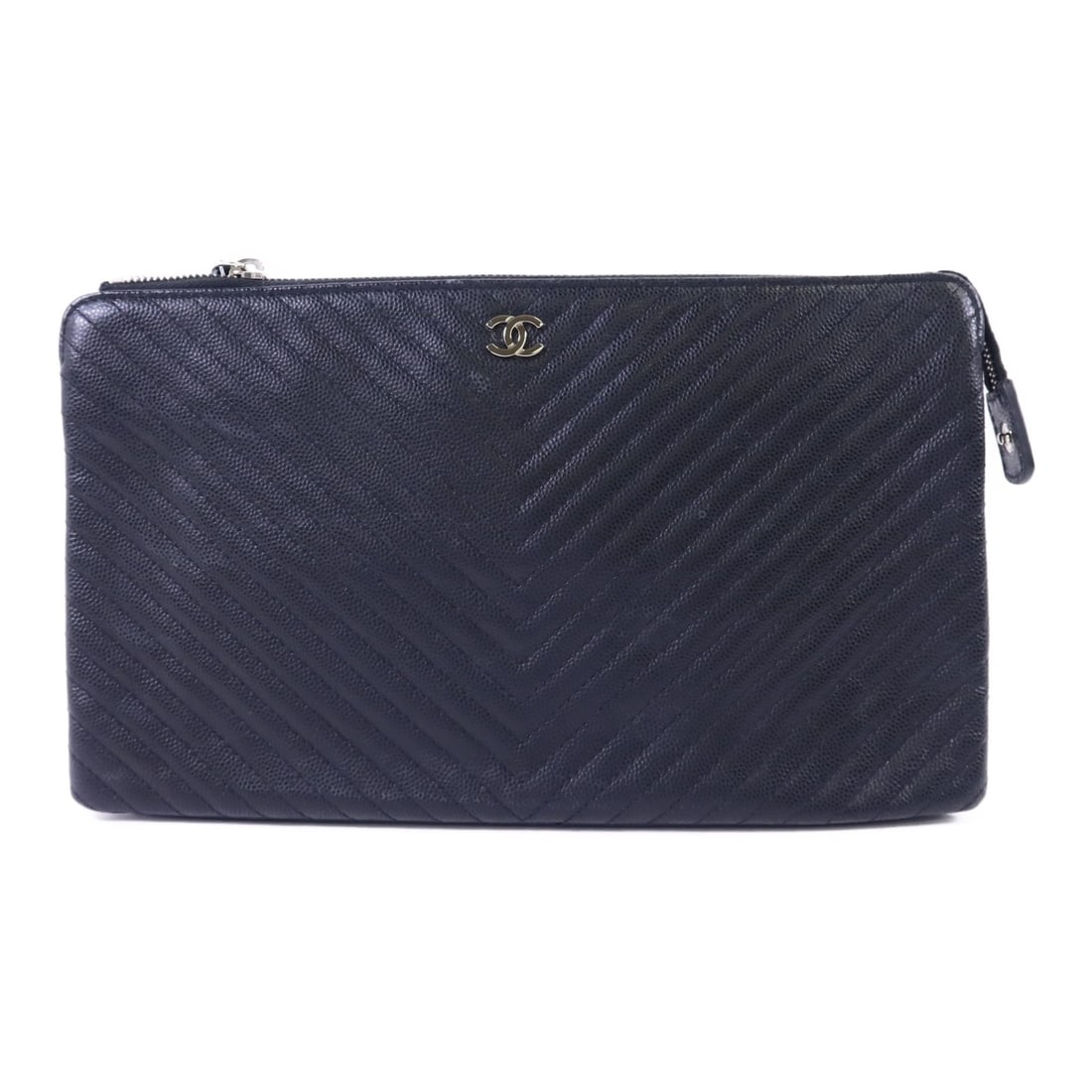 Black Calfskin Leather Chanel Pouch with Silver CC Hardware: Black Calfskin Leather Chanel Pouch with Silver CC Hardware This Chanel pouch is crafted from black calfskin leather and features the iconic CC logo. It offers a sleek, minimalist design and is made i