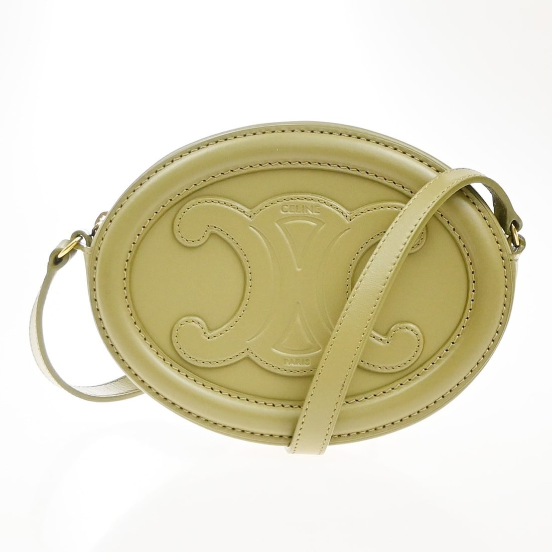 Celine Leather Triomphe Oval Crossbody Bag Green: Celine Leather Triomphe Oval Crossbody Bag Green This Celine Triomphe Oval Crossbody Bag is crafted from green leather and designed for women. It features a compact oval shape suitable for everyday us