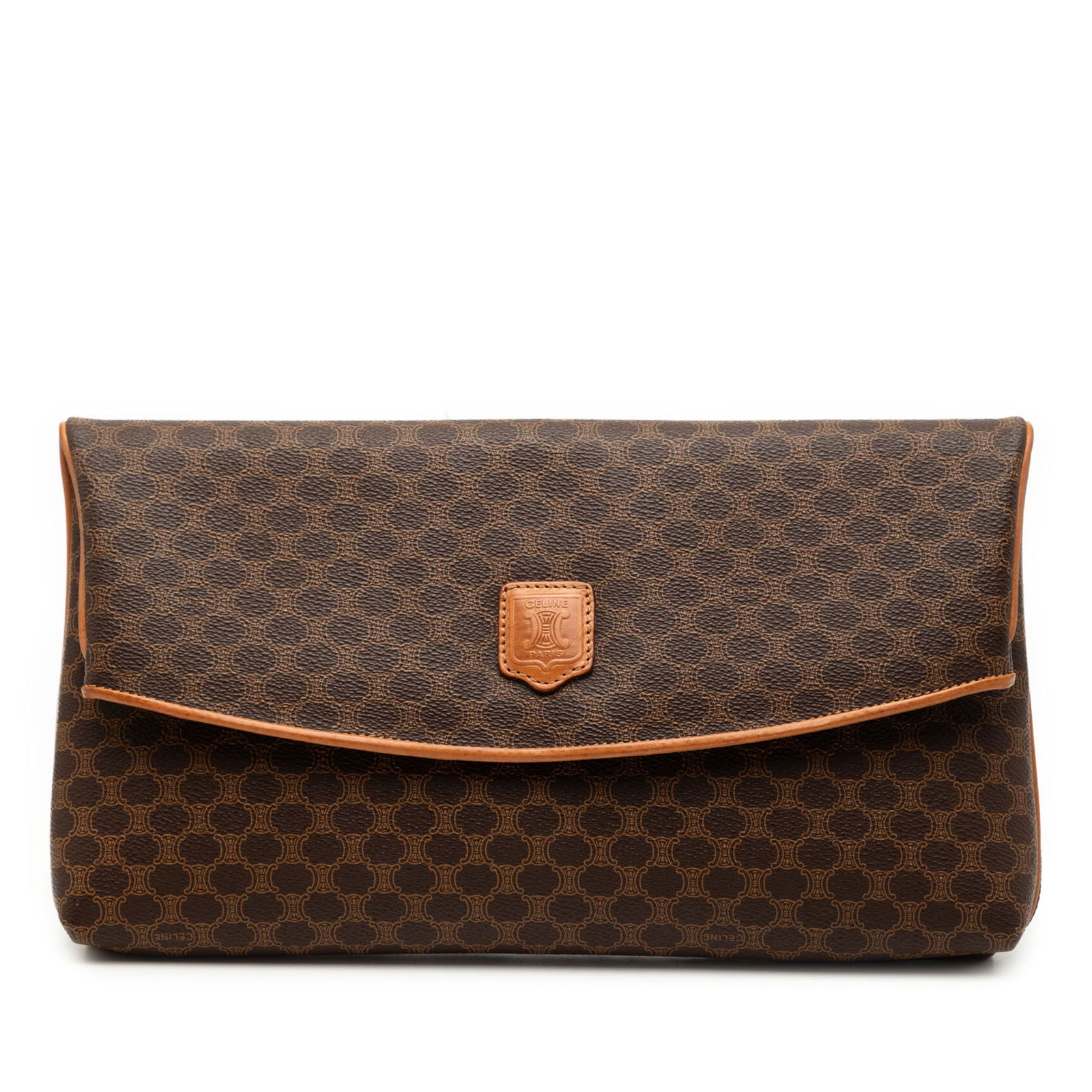 Celine Macadam Brown Canvas Fold-Over Clutch with Leather Trim: Celine Macadam Brown Canvas Fold-Over Clutch with Leather Trim This Celine Macadam clutch features a durable coated canvas exterior with leather trim, a fold-over top with magnetic snap closure, and a