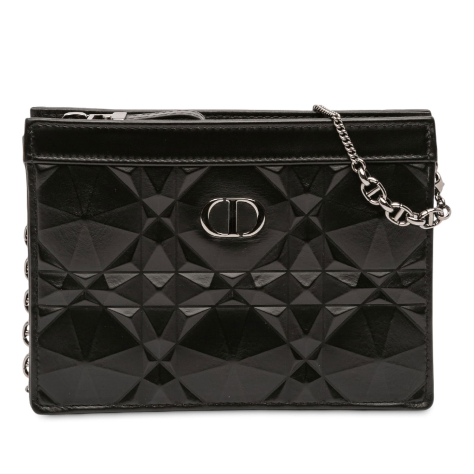 Dior Caro Black Leather Macrocannage Zipped Pouch with Chain Strap: Dior Caro Black Leather Macrocannage Zipped Pouch with Chain Strap This Dior Caro Zipped Pouch showcases a black leather body with the signature Macrocannage diamond pattern. It features a detachable