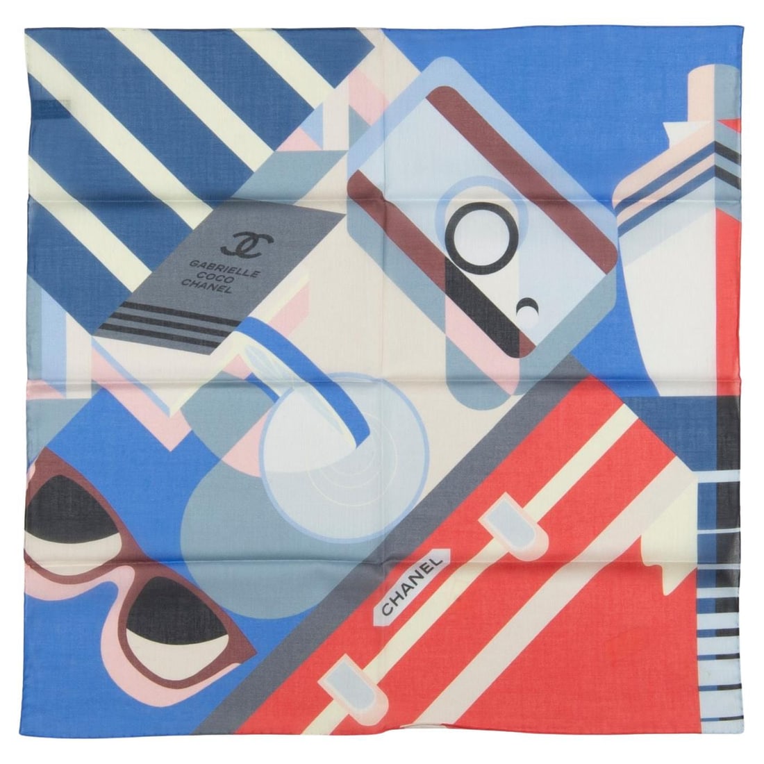 Chanel Multicoloured Geometric Cotton Scarf 23x23 New Italy: Chanel Multicoloured Geometric Cotton Scarf 23x23 New Italy Elevate your accessory collection with this exquisite Chanel Geometric Cotton Small Scarf. Crafted from high-quality cotton, this stunning p