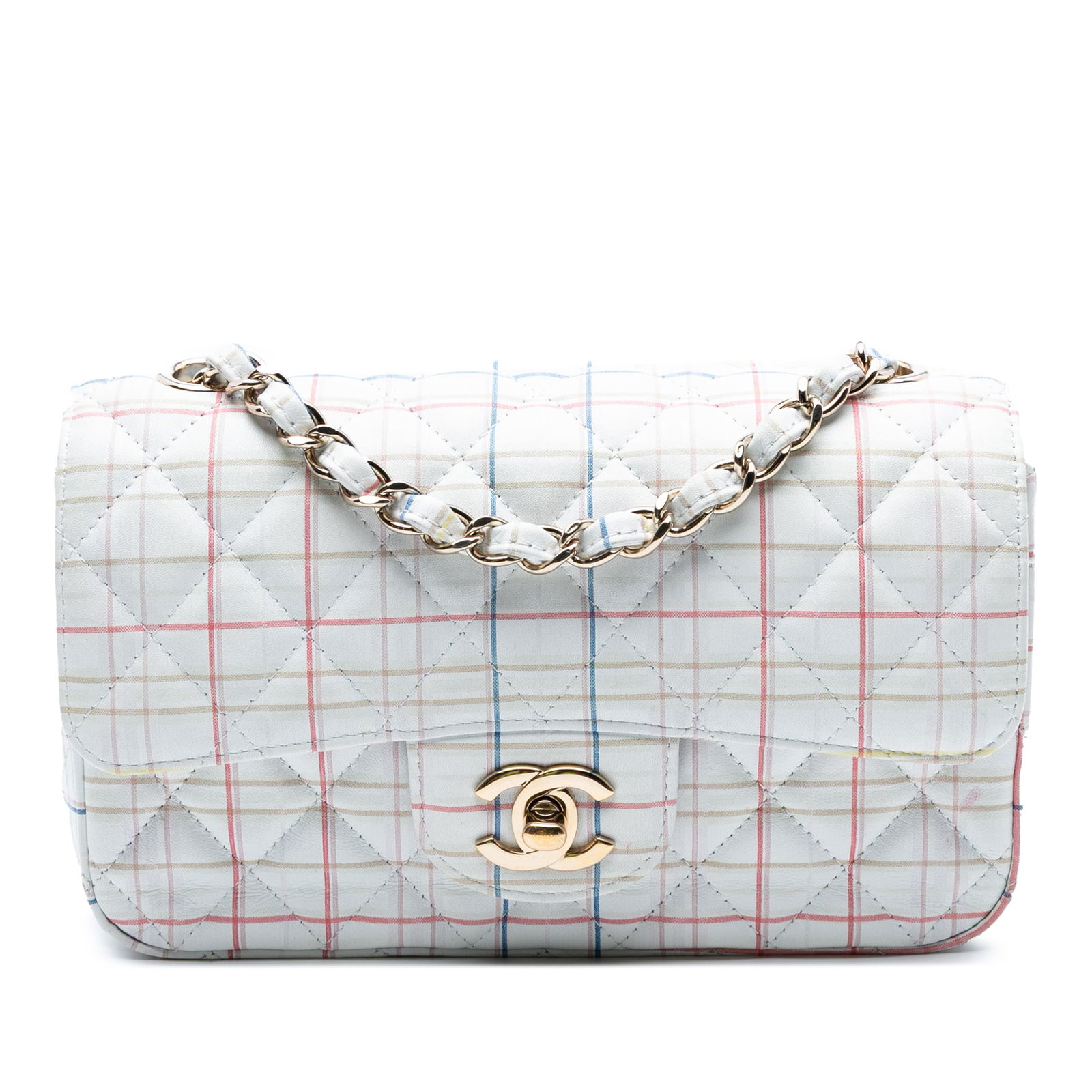 Chanel Mini Rectangular Classic White Printed Calfskin Flap Bag: Chanel Mini Rectangular Classic White Printed Calfskin Flap Bag Introducing the Chanel Mini Rectangular Classic Printed Calfskin Single Flap, a stylish crossbody bag crafted from quilted and printed c