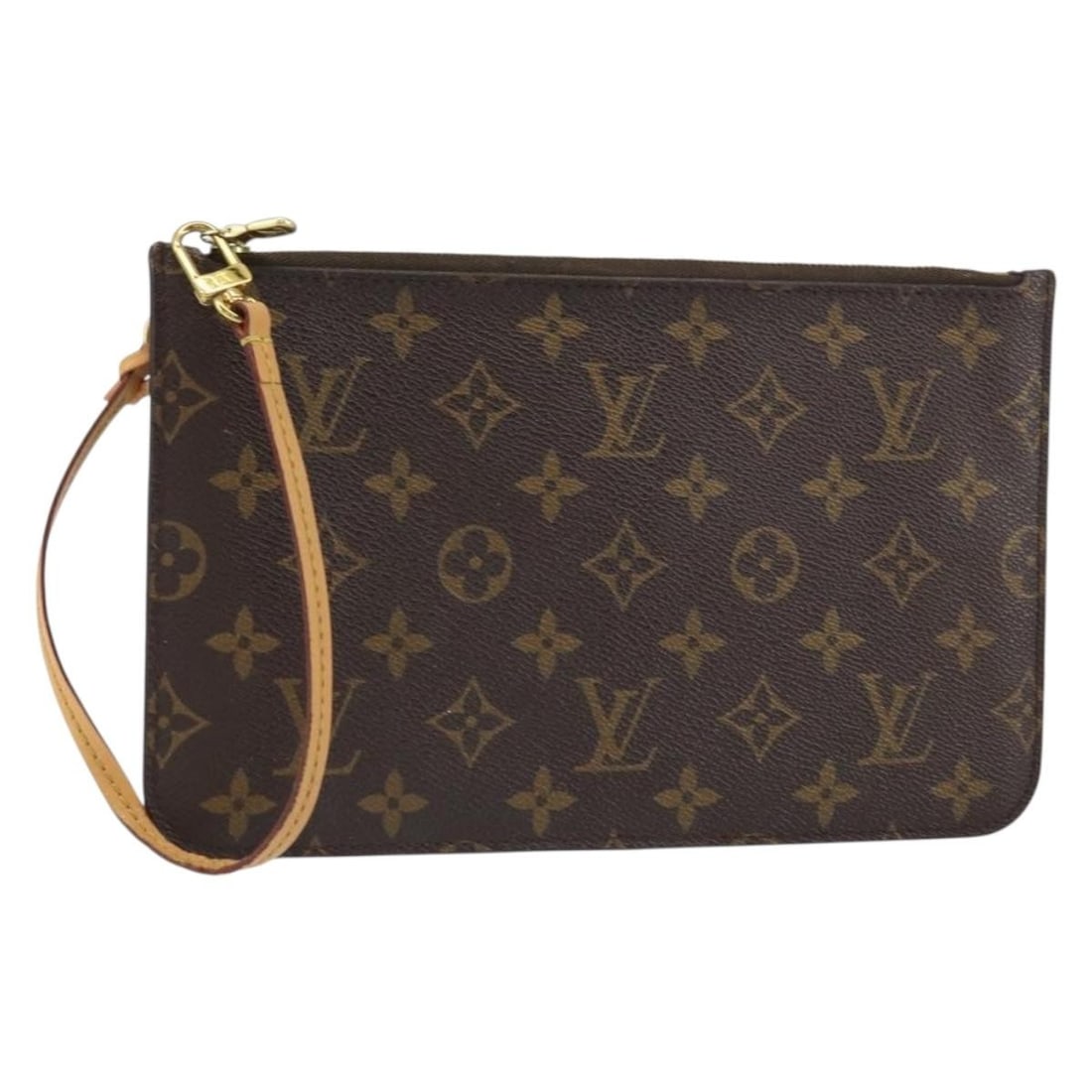 Neverfull Pochette Brown Canvas Bag by Louis Vuitton: Neverfull Pochette Brown Canvas Bag by Louis Vuitton This pre-owned Louis Vuitton Neverfull Pochette is crafted in signature brown monogram canvas and designed for women. It features leather trim and