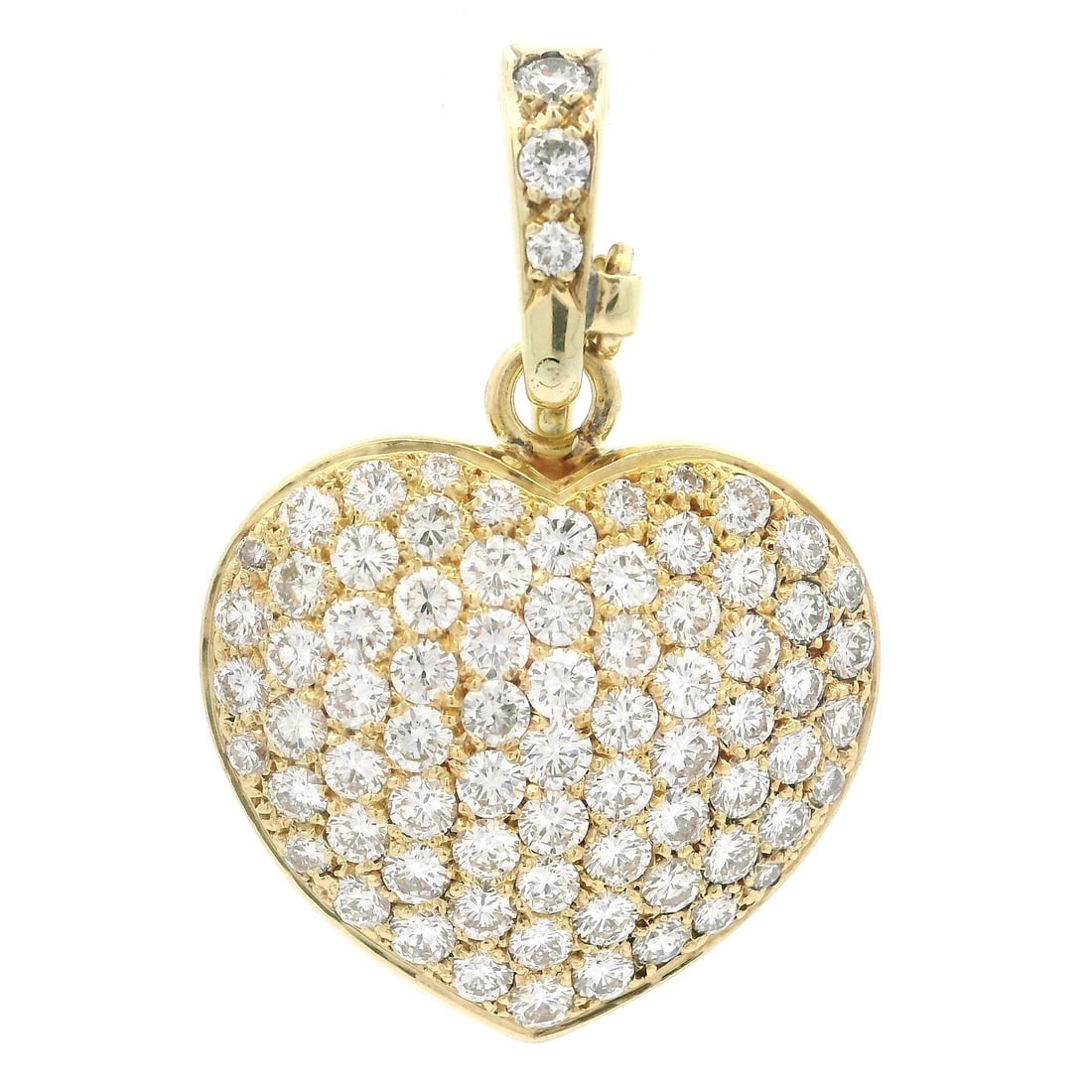 18k Yellow Gold 3.36ctw Pave Diamond Heart Pendant Enhancer: 18k Yellow Gold 3.36ctw Pave Diamond Heart Pendant Enhancer This stunning 18k yellow gold large heart enhancer pendant features a dazzling array of pave-set natural diamonds totaling approximately 3.3