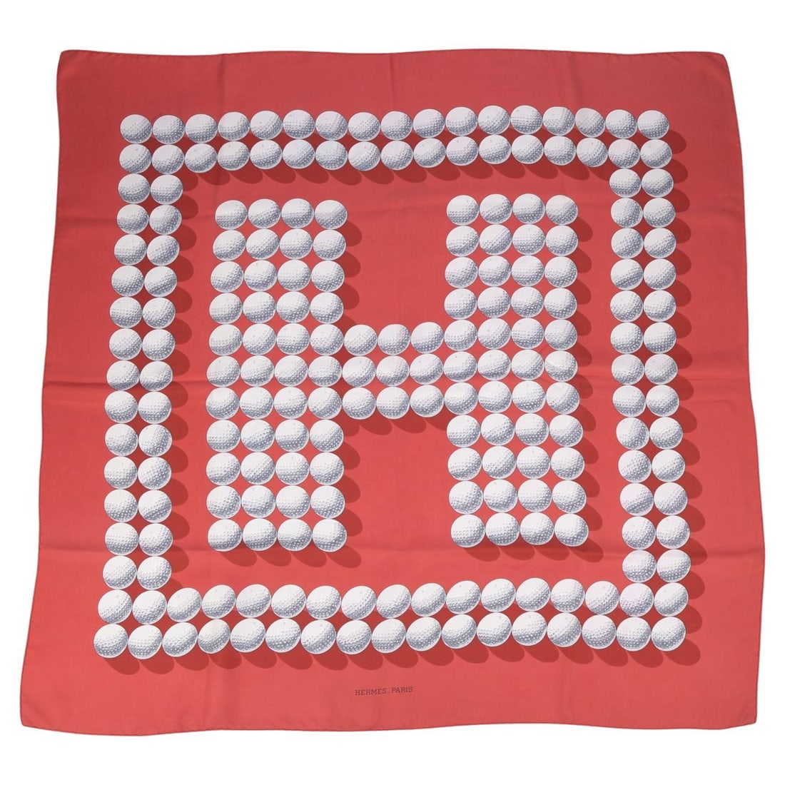 Red Balles de Golf II Silk Scarf by Hermes 35 Inch Square: Red Balles de Golf II Silk Scarf by Hermes 35 Inch Square This Hermes "Balles de Golf II" scarf showcases a striking red and white colorway, crafted from 100% silk with hand-rolled edges. Designed by