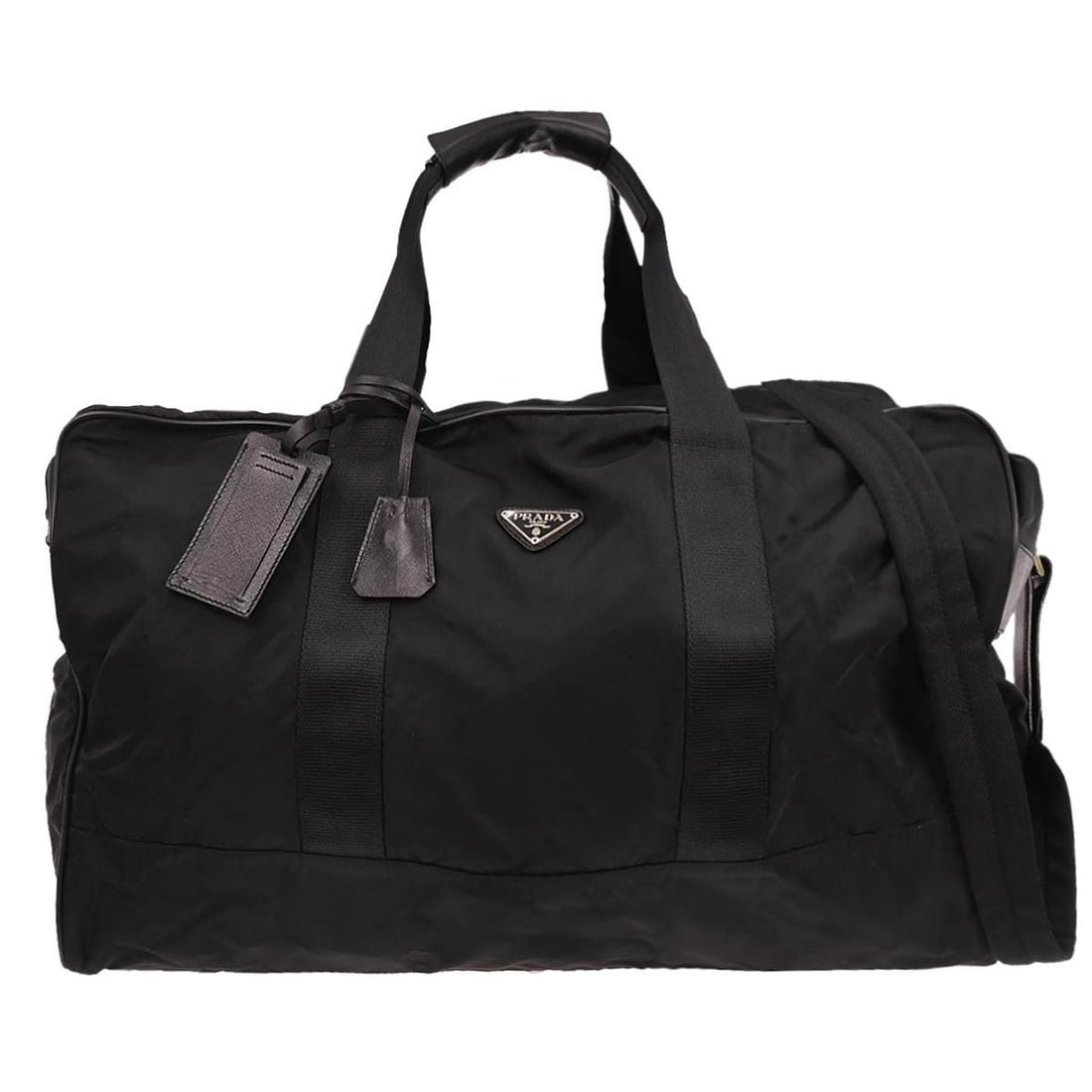 Black Nylon Extra Large Duffle 2way Bag by Prada: Black Nylon Extra Large Duffle 2way Bag by Prada This Prada 2-way duffle bag features a black nylon exterior with logo accents. Designed in an extra-large size, it is suitable for casual occasions. Th