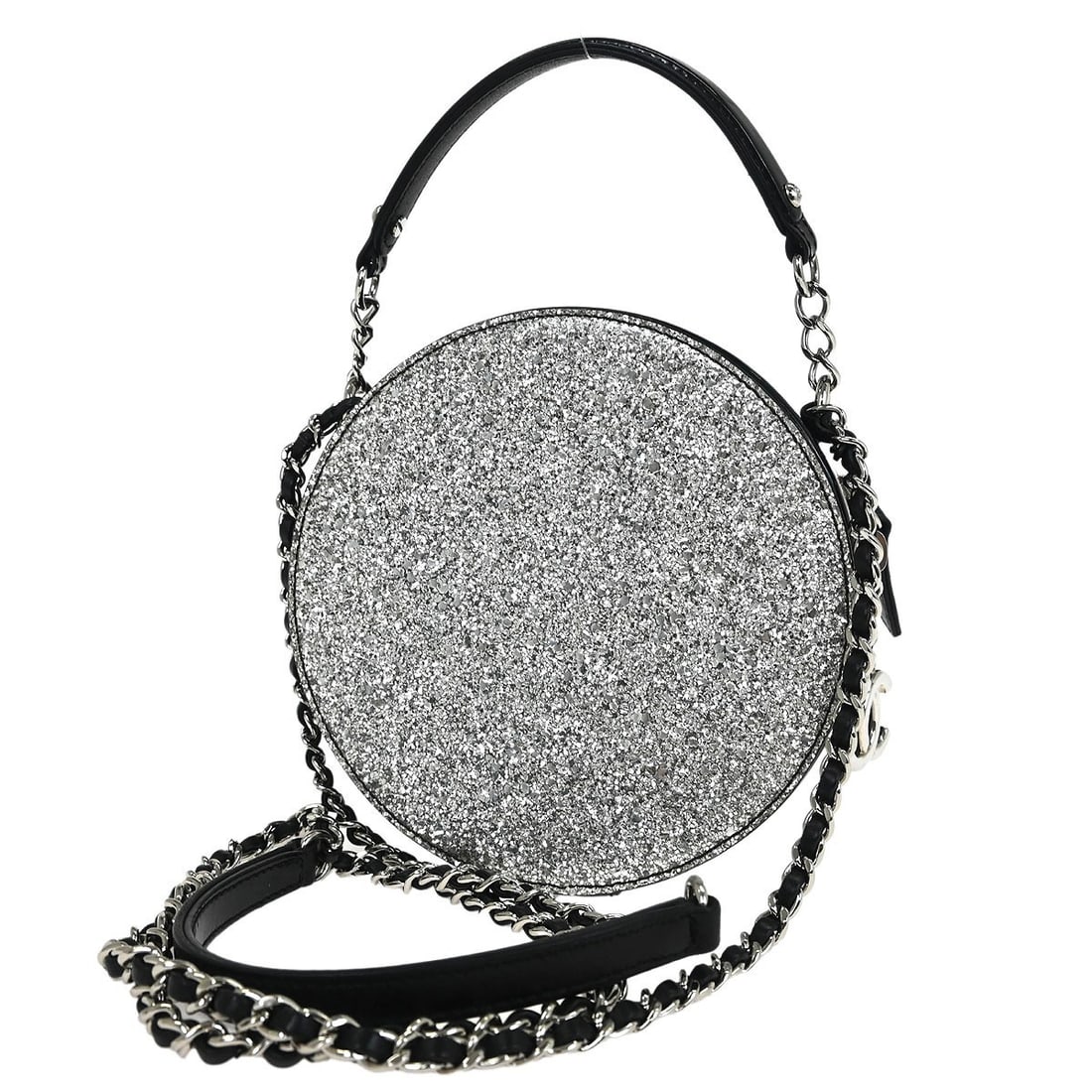 Chanel Silver Patent Leather Evening On The Moon Round Shoulder Bag: Chanel Silver Patent Leather Evening On The Moon Round Shoulder Bag This Chanel Evening On The Moon round evening bag features a glittered PVC body with patent leather accents in silver. Designed for
