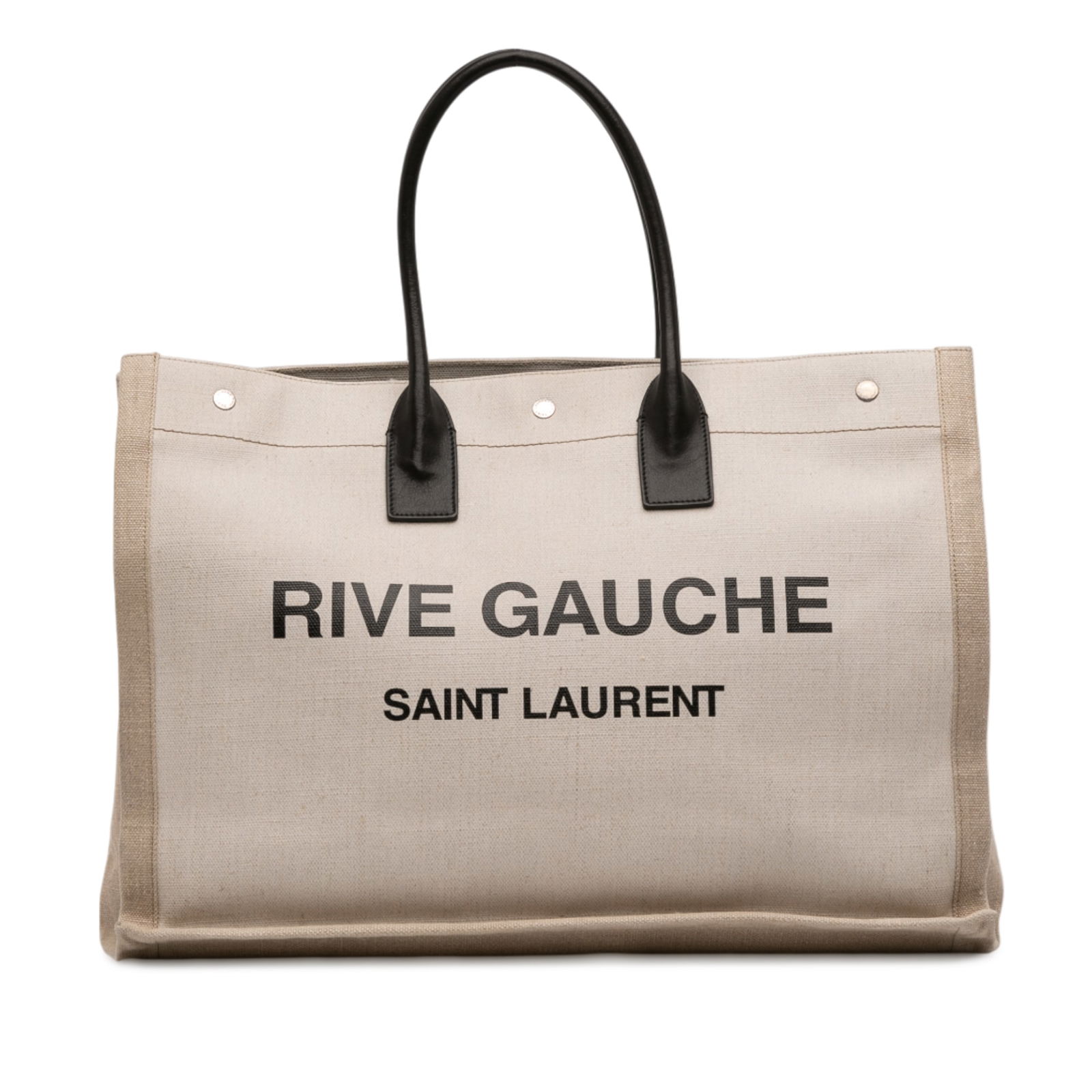 Saint Laurent Rive Gauche Brown Canvas Tote Bag with Leather Handles: Saint Laurent Rive Gauche Brown Canvas Tote Bag with Leather Handles This Saint Laurent Canvas Rive Gauche Tote features a canvas body with rolled leather handles, an open top secured by a snap button