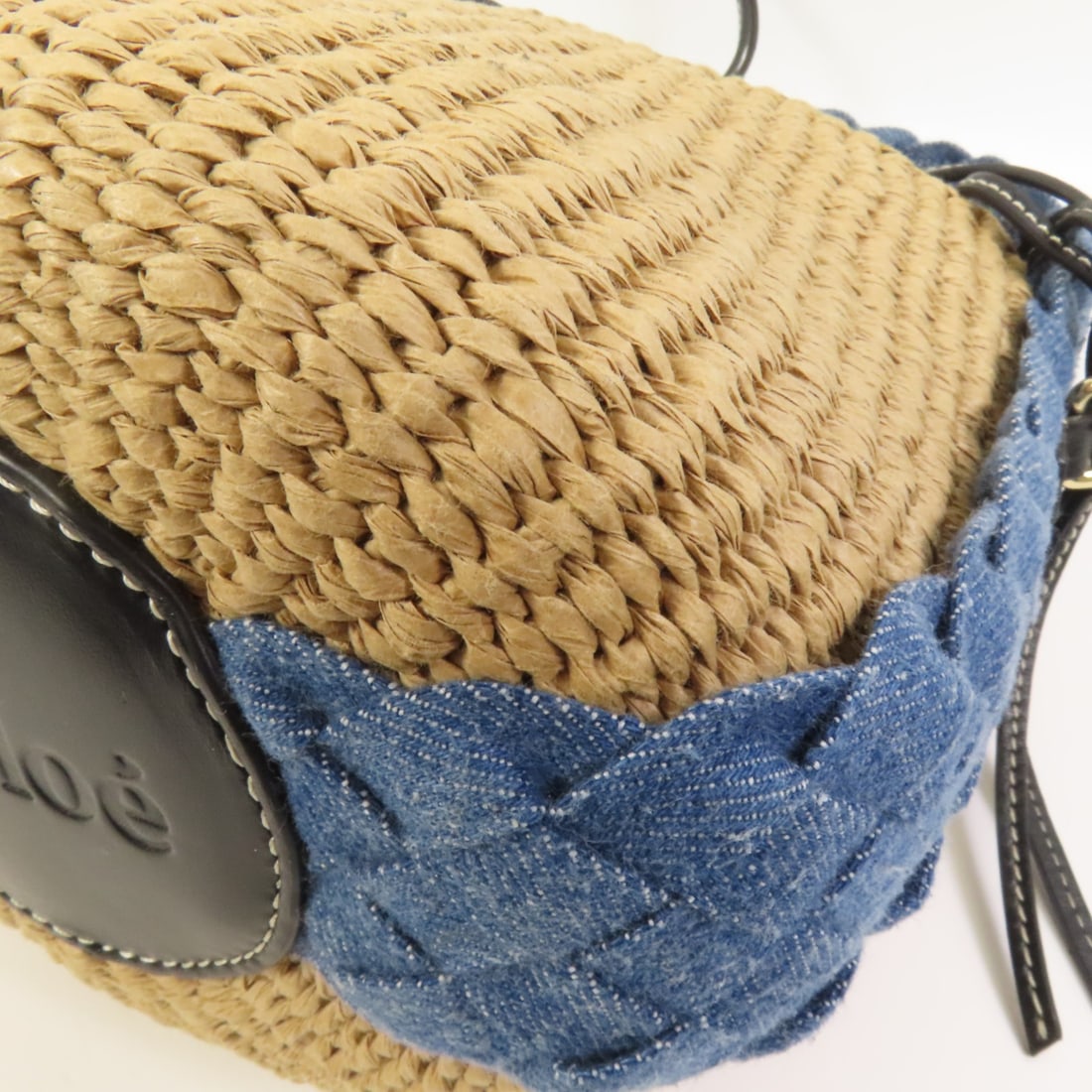 Chloe Woody Small Denim and Raffia Shoulder Basket Bag Brown and Blue - 13