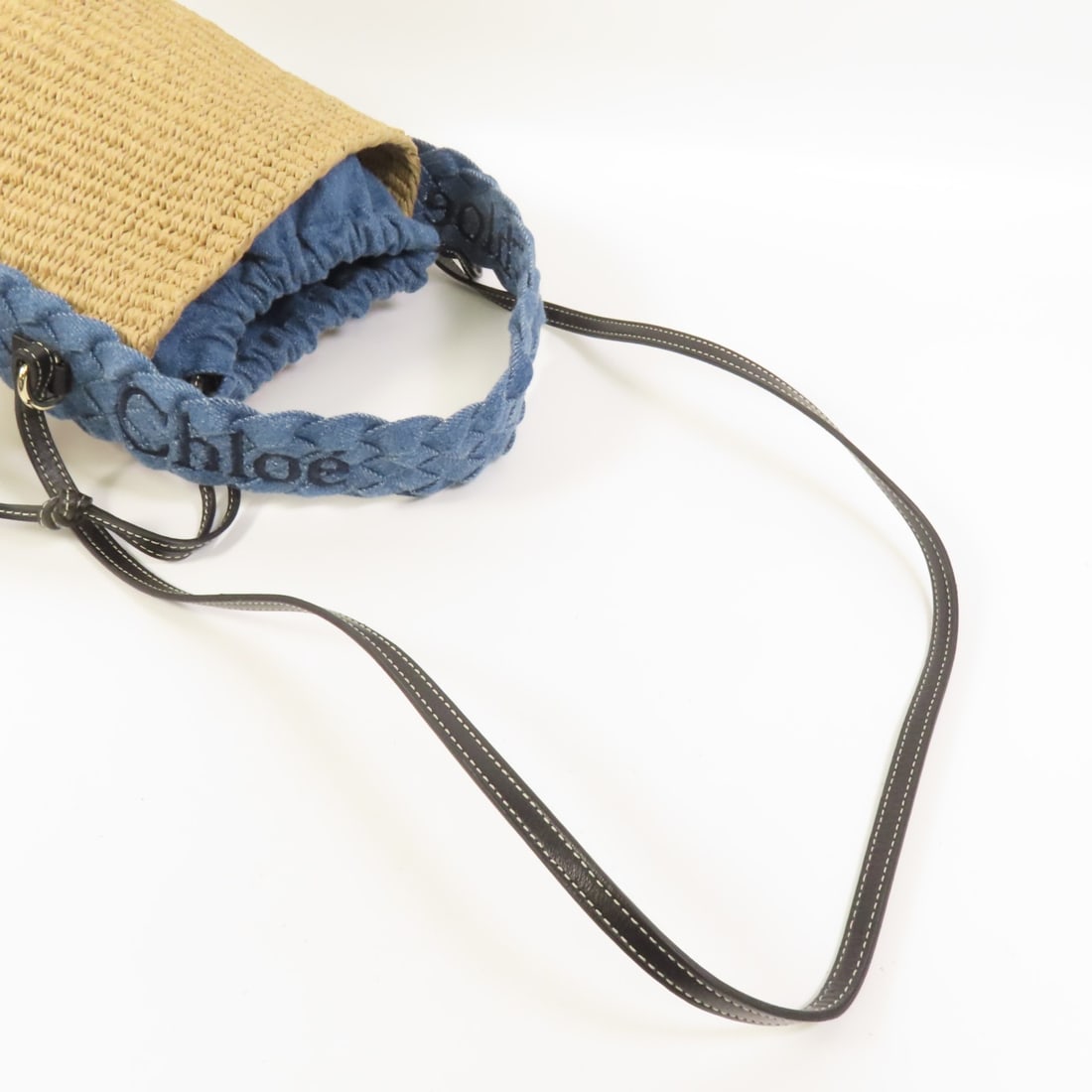 Chloe Woody Small Denim and Raffia Shoulder Basket Bag Brown and Blue - 5