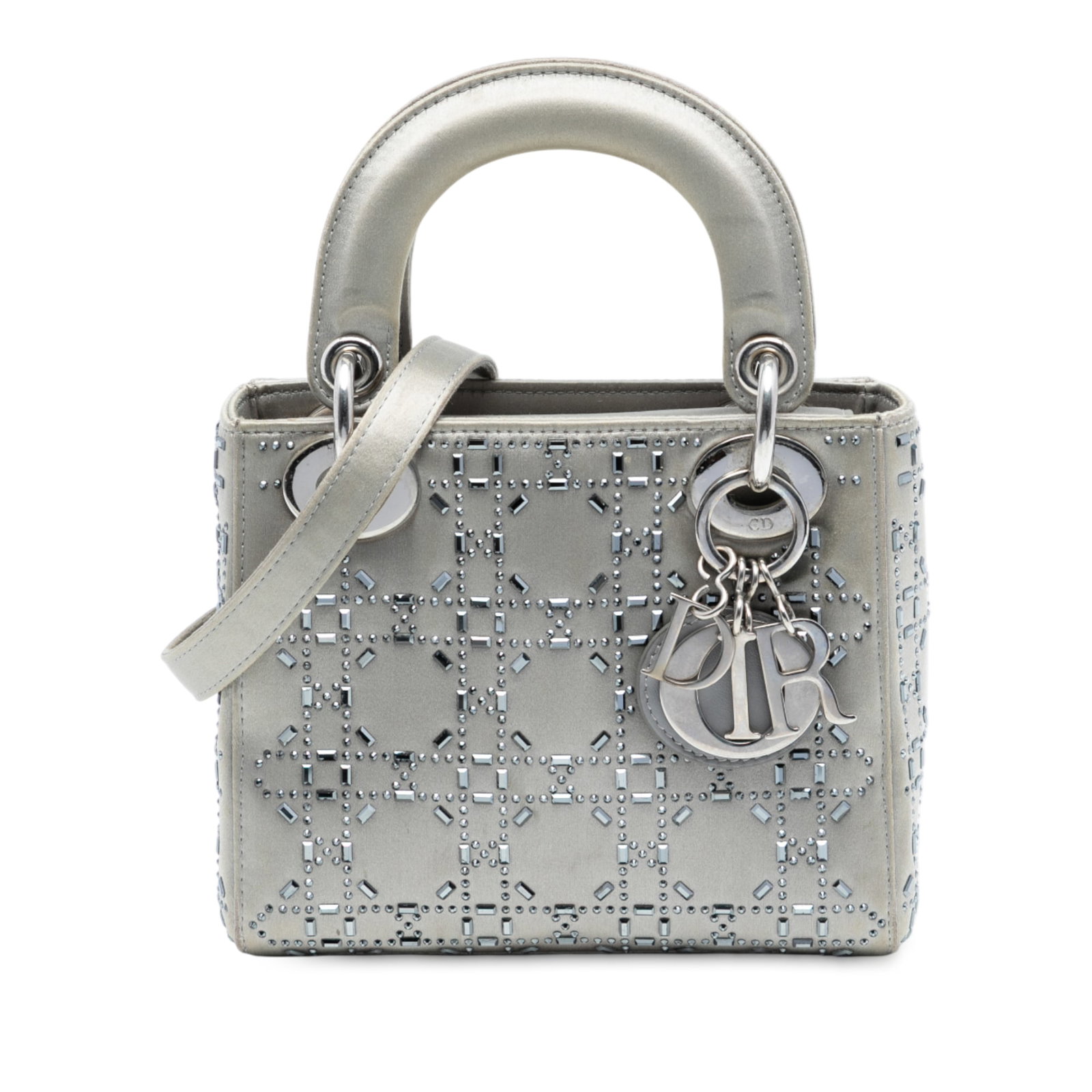 Dior Lady Dior Mini Bag Gray Satin Cannage with Crystal Strass Embellishments: Dior Lady Dior Mini Bag Gray Satin Cannage with Crystal Strass Embellishments This Lady Dior Mini bag features a gray satin body adorned with crystal embellishments, flat satin handles, and a detachab