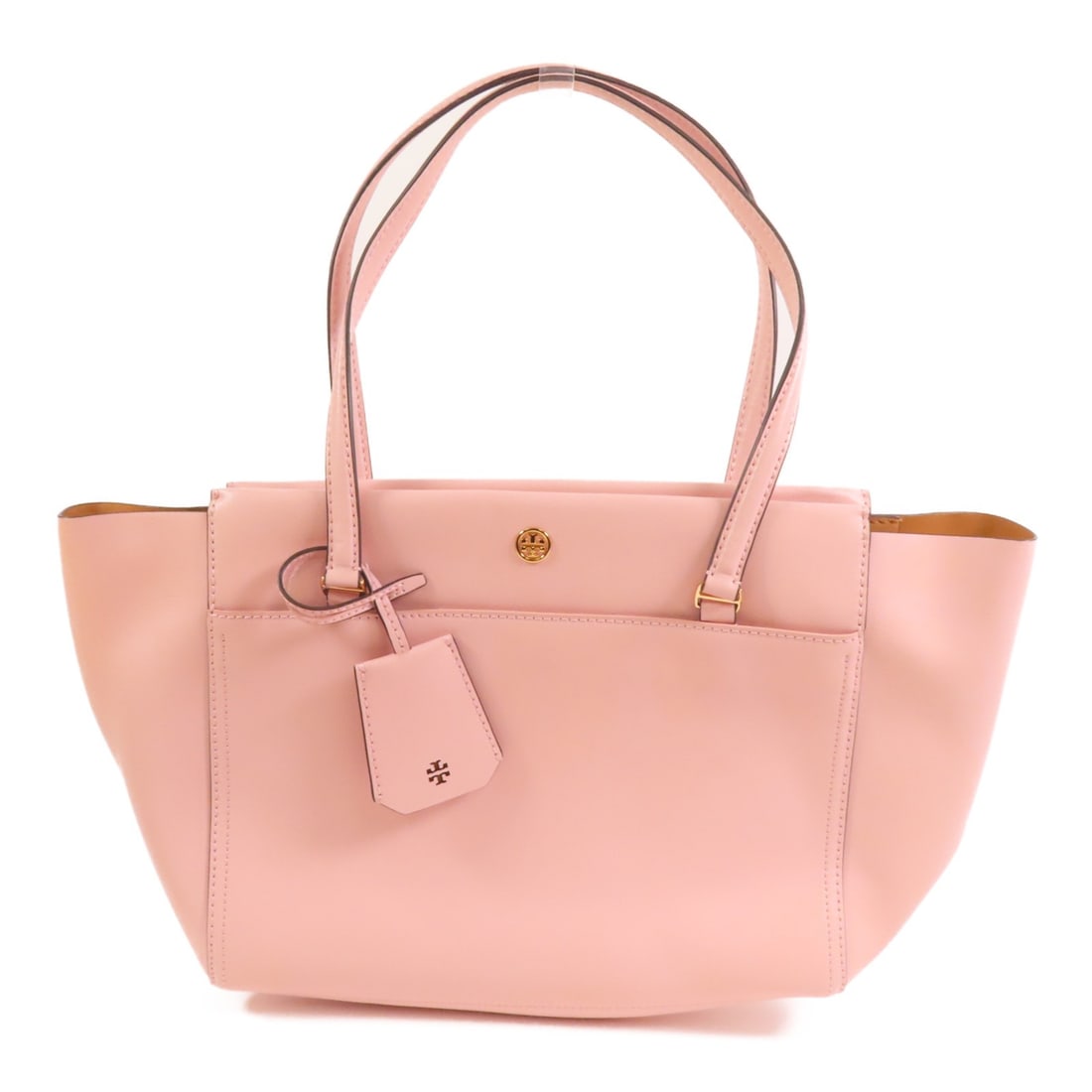 Tory Burch Pink Calfskin Tote Shoulder Bag with Gold Hardware: Tory Burch Pink Calfskin Tote Shoulder Bag with Gold Hardware This Tory Burch tote bag is crafted from pink calfskin leather and features a spacious design suitable for everyday use. The bag is
