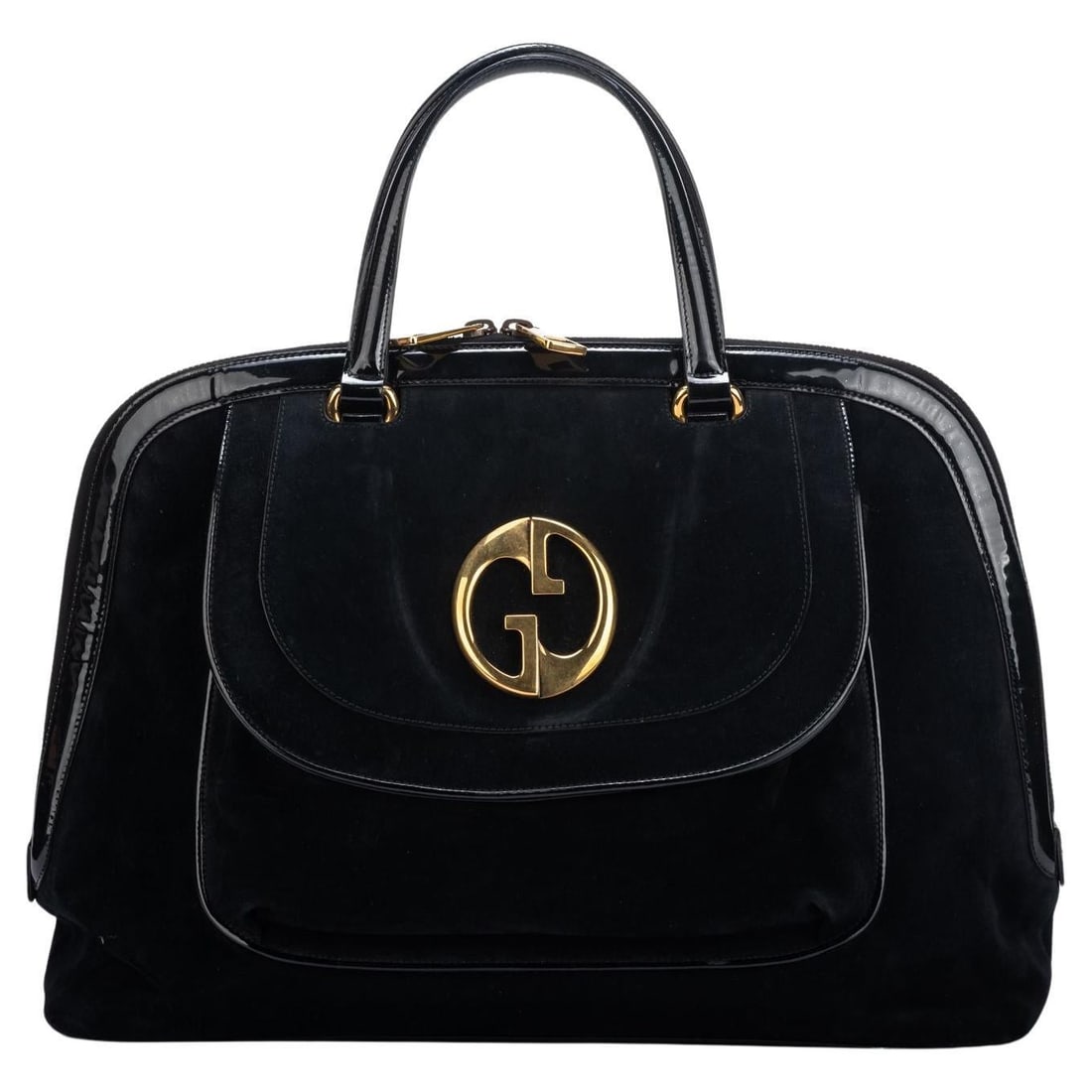 Gucci Vintage Oversize Black Suede Travel Bag with Gold Logo: Gucci Vintage Oversize Black Suede Travel Bag with Gold Logo This exquisite Gucci vintage oversize travel bag is crafted from luxurious black suede and features elegant patent leather trim. Accentuate