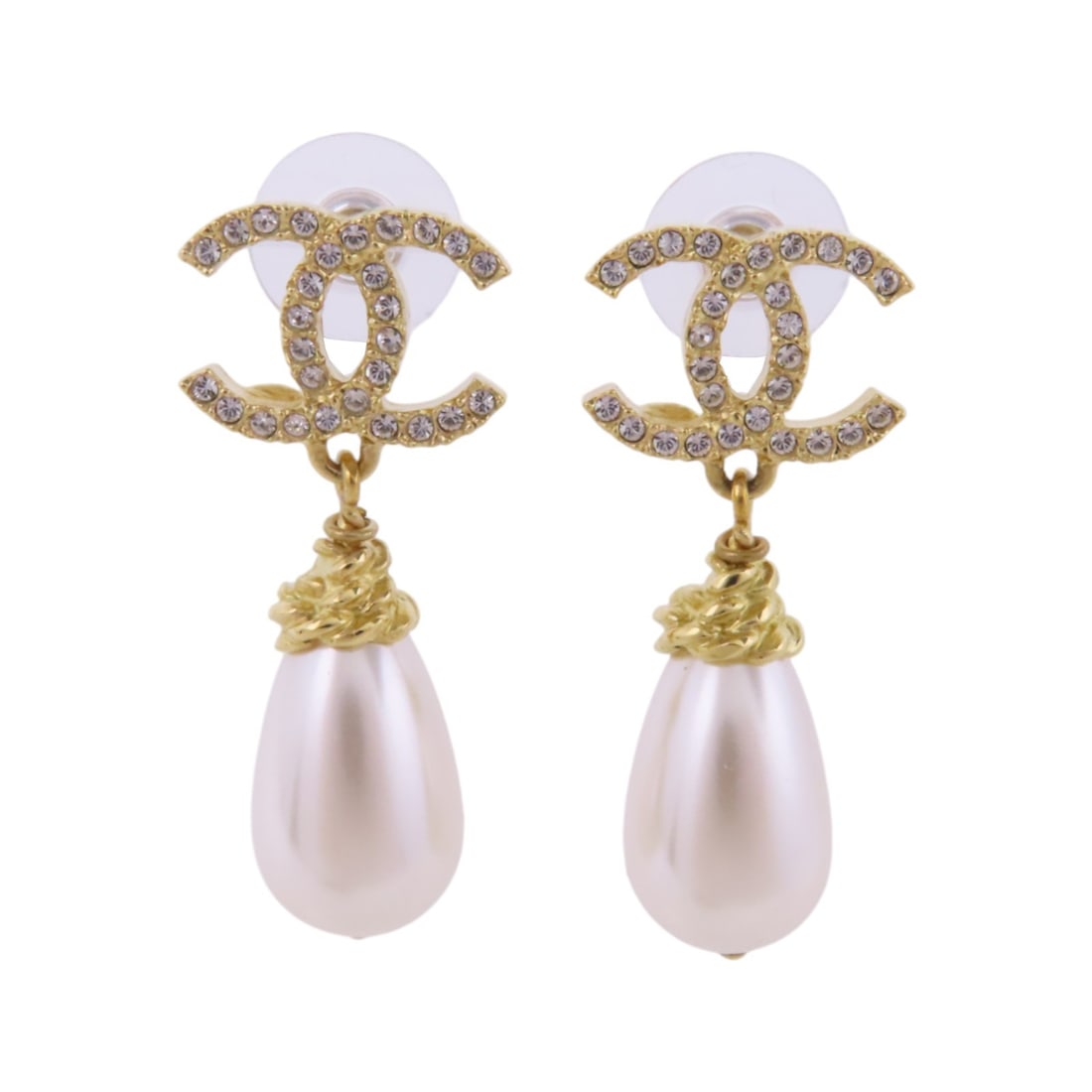 CHANEL CC Gold Tone Pierced Earrings White Color Metal (1 of 9)