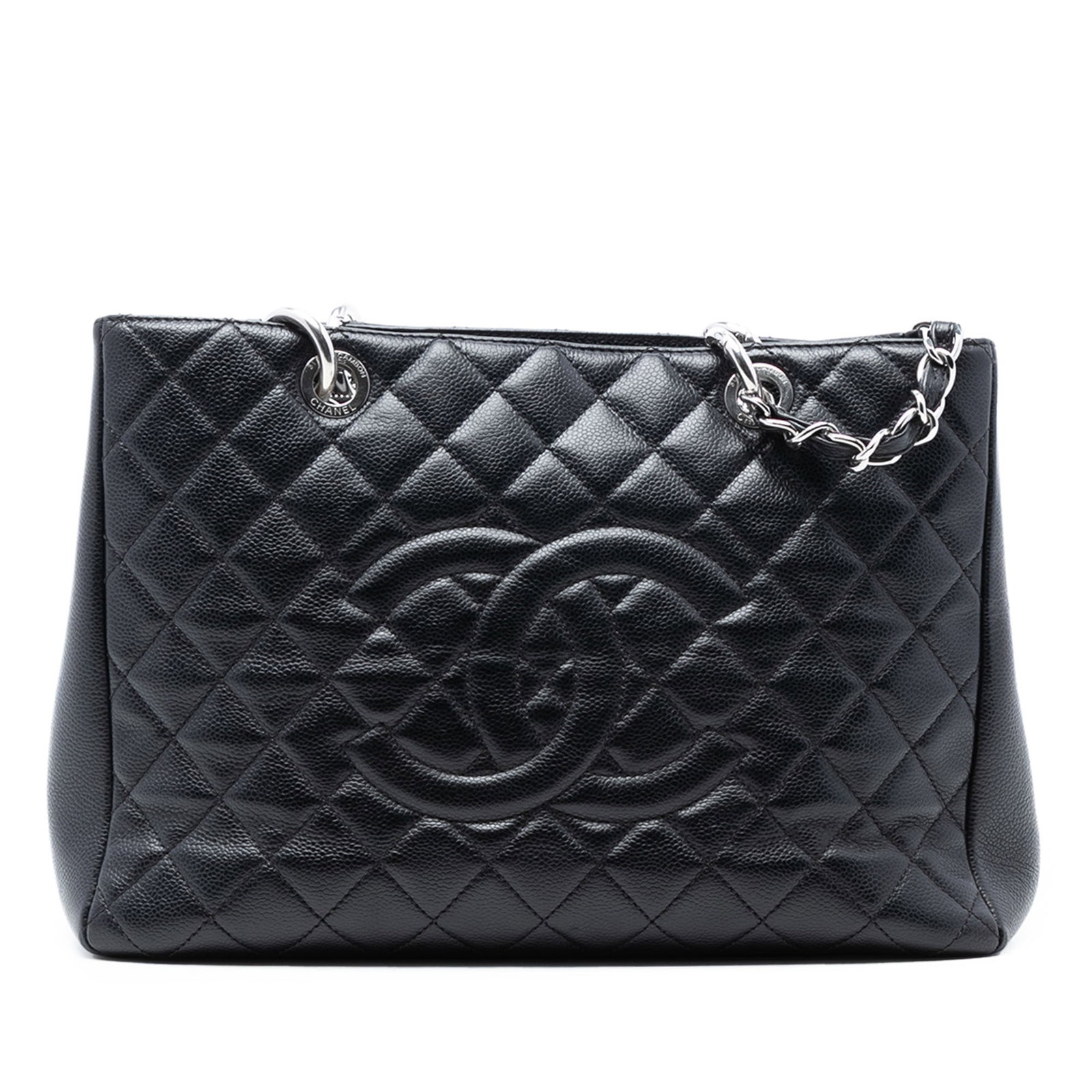 Black Caviar Leather Grand Shopping Tote Bag by Chanel: Black Caviar Leather Grand Shopping Tote Bag by Chanel This Chanel Grand Shopping Tote features a quilted Caviar leather body in black, complemented by leather-woven chain shoulder straps. The bag is