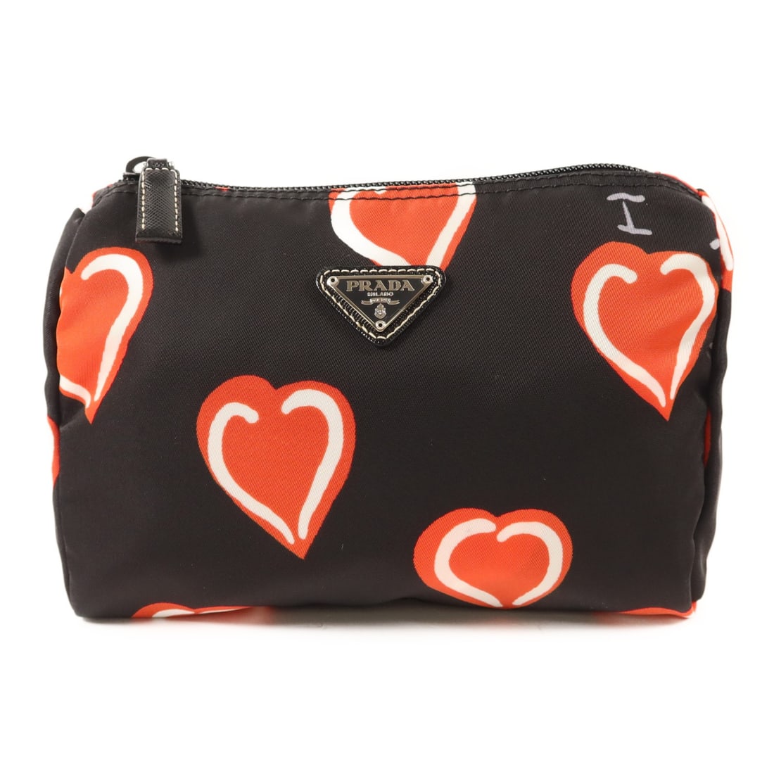 Black Red White Nylon Pouch by Prada: Black Red White Nylon Pouch by Prada This Prada accessories pouch features a durable nylon exterior in black with white and red accents. Designed for versatility, the pouch is crafted in Italy and off