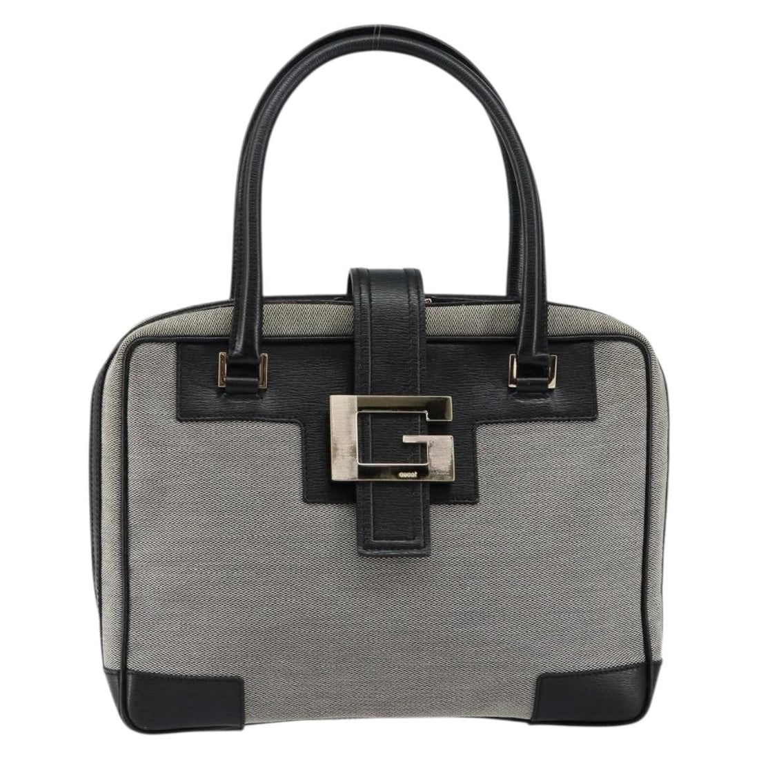 Vintage Gucci Square G Canvas Handbag Gray 25cm Italy: Vintage Gucci Square G Canvas Handbag Gray 25cm Italy This Gucci Vintage square G handbag is crafted from gray canvas and designed for women. The bag features a spacious interior and is made in Italy.