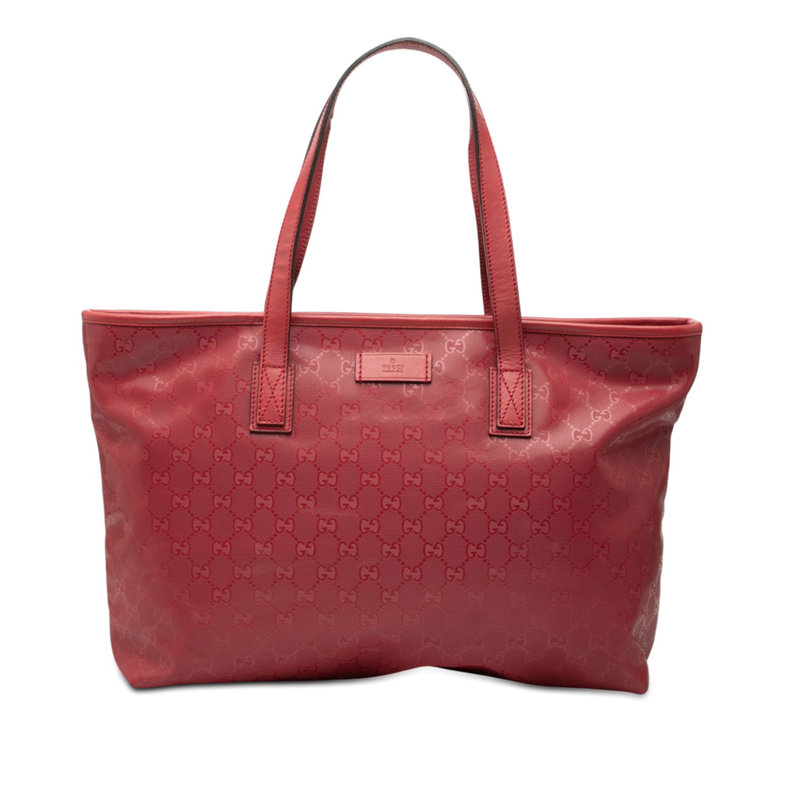 Red GG Imprime Medium Tote Bag with Leather Trim by Gucci: Red GG Imprime Medium Tote Bag with Leather Trim by Gucci This Gucci Medium GG Imprime Tote features a durable vinyl body with leather trim and flat leather handles. The bag offers a top zip closure a
