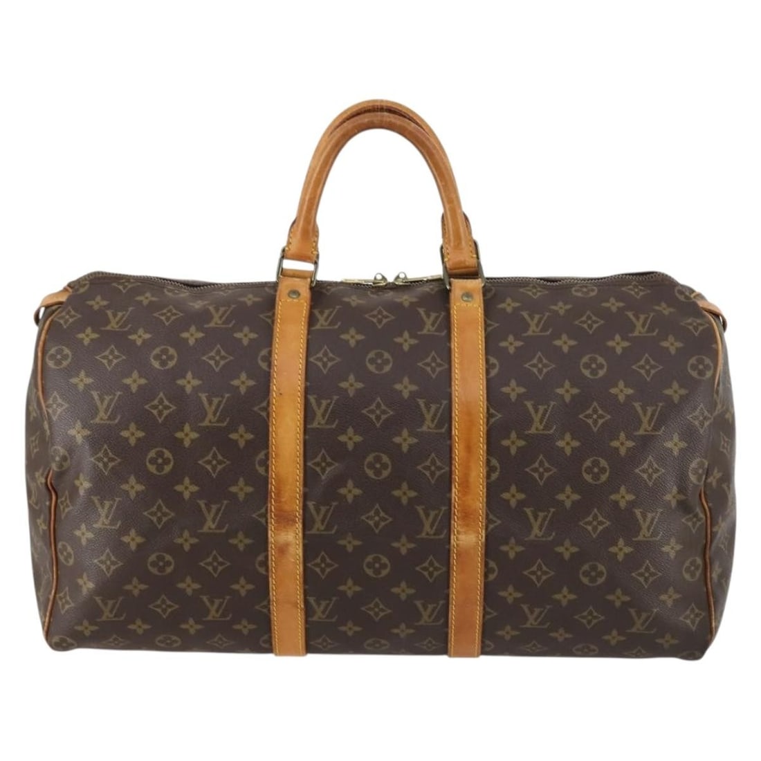 Monogram Canvas Keepall Travel Bag by Louis Vuitton 50cm: Monogram Canvas Keepall Travel Bag by Louis Vuitton 50cm Unisex Louis Vuitton Keepall bag crafted from brown monogram canvas with leather trim and metal fittings. The exterior shows signs of wear incl