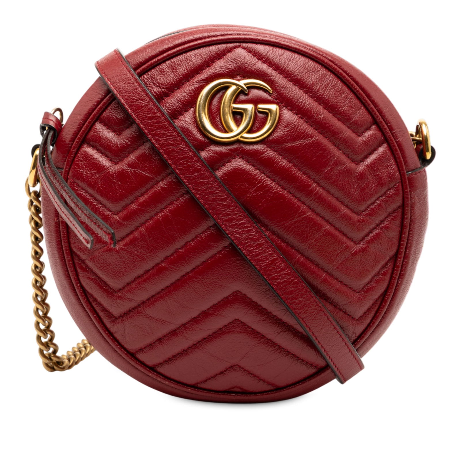 Mini GG Marmont Red Quilted Leather Round Crossbody Bag by Gucci: Mini GG Marmont Red Quilted Leather Round Crossbody Bag by Gucci This Gucci Mini GG Marmont Matelasse Leather Round Crossbody bag features a quilted leather exterior in red, a chain link strap with a