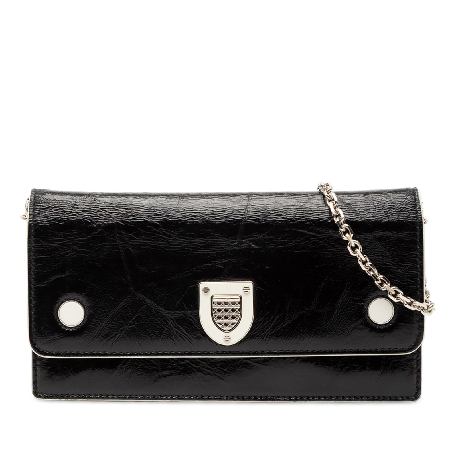 Dior Diorever Croisiere Patent Leather Black Wallet on Chain Crossbody Bag: Dior Diorever Croisiere Patent Leather Black Wallet on Chain Crossbody Bag This Dior Patent Diorever Croisiere Wallet on Chain is crafted from black patent leather and features a chain-link shoulder s