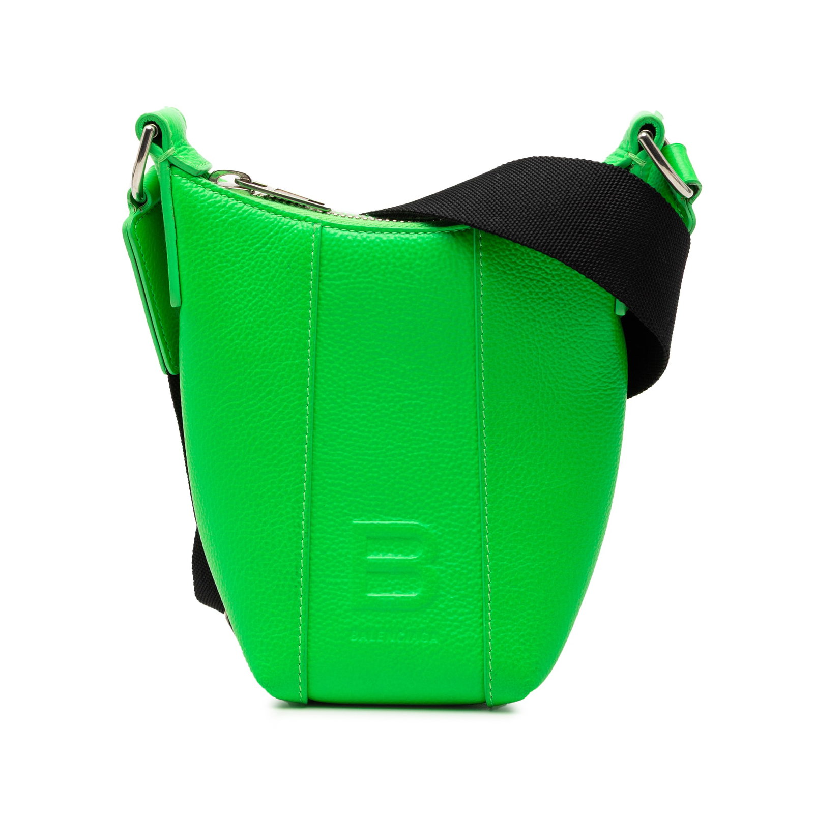 Green Leather Hourglass Phone Crossbody by Balenciaga: Green Leather Hourglass Phone Crossbody by Balenciaga This Balenciaga Hourglass Phone Holder Crossbody is crafted from green leather and features an adjustable flat strap with a top zip closure. The b