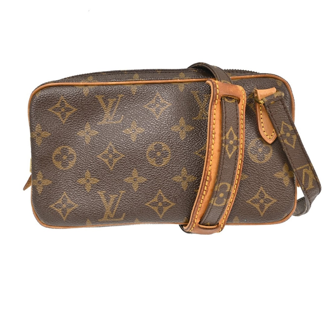 Louis Vuitton Marly Bandouliere Monogram Leather Mini Crossbody Bag M51828: Louis Vuitton Marly Bandouliere Monogram Leather Mini Crossbody Bag M51828 This Louis Vuitton Marly Bandouliere crossbody bag features the iconic monogram pattern on brown leather with a brown canvas