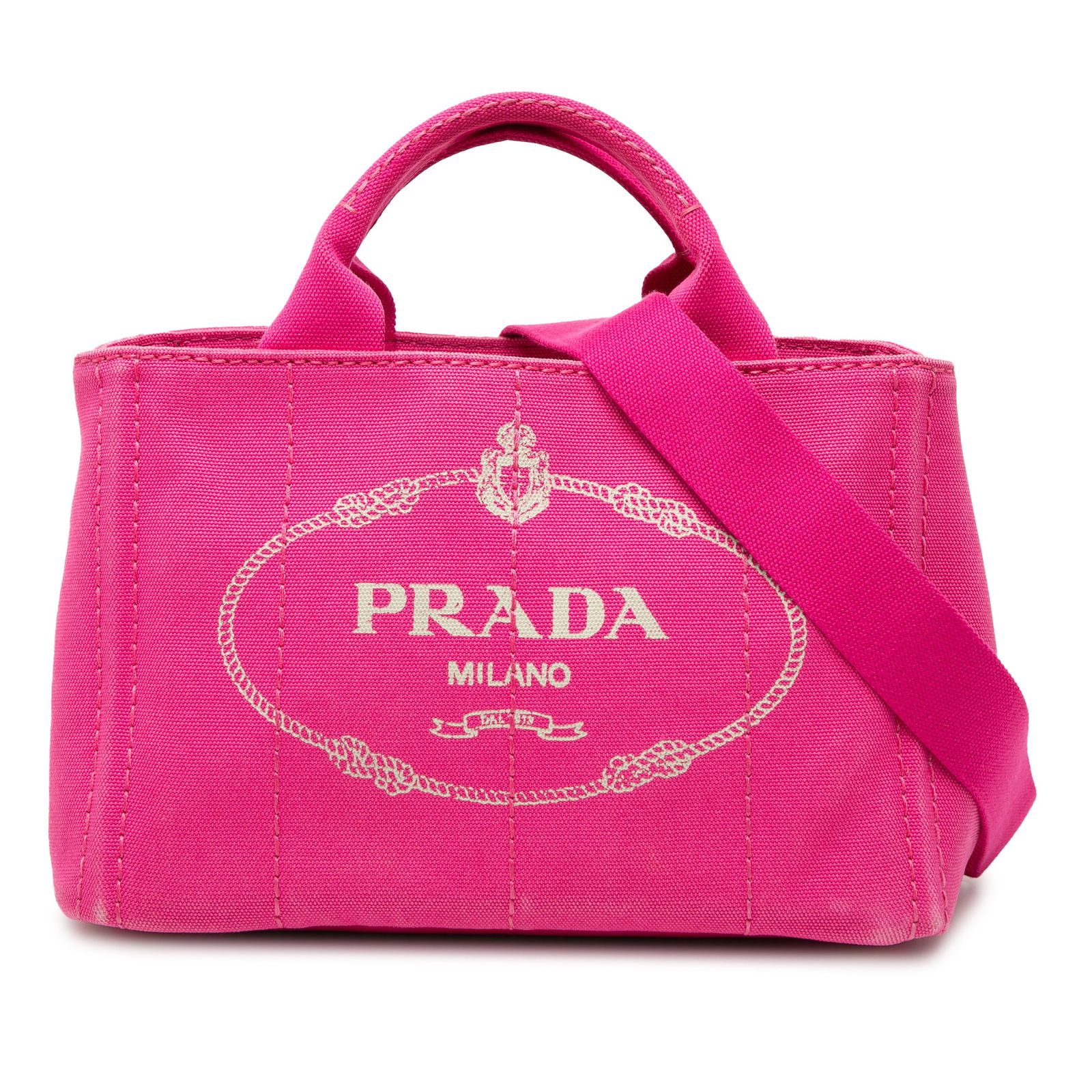 Prada Pink Canvas Canapa Small Satchel with Logo and Strap: Prada Pink Canvas Canapa Small Satchel with Logo and Strap This Prada Small Canvas Canapa Logo Satchel features a pink canvas exterior with rolled handles and a detachable flat canvas strap. The bag h
