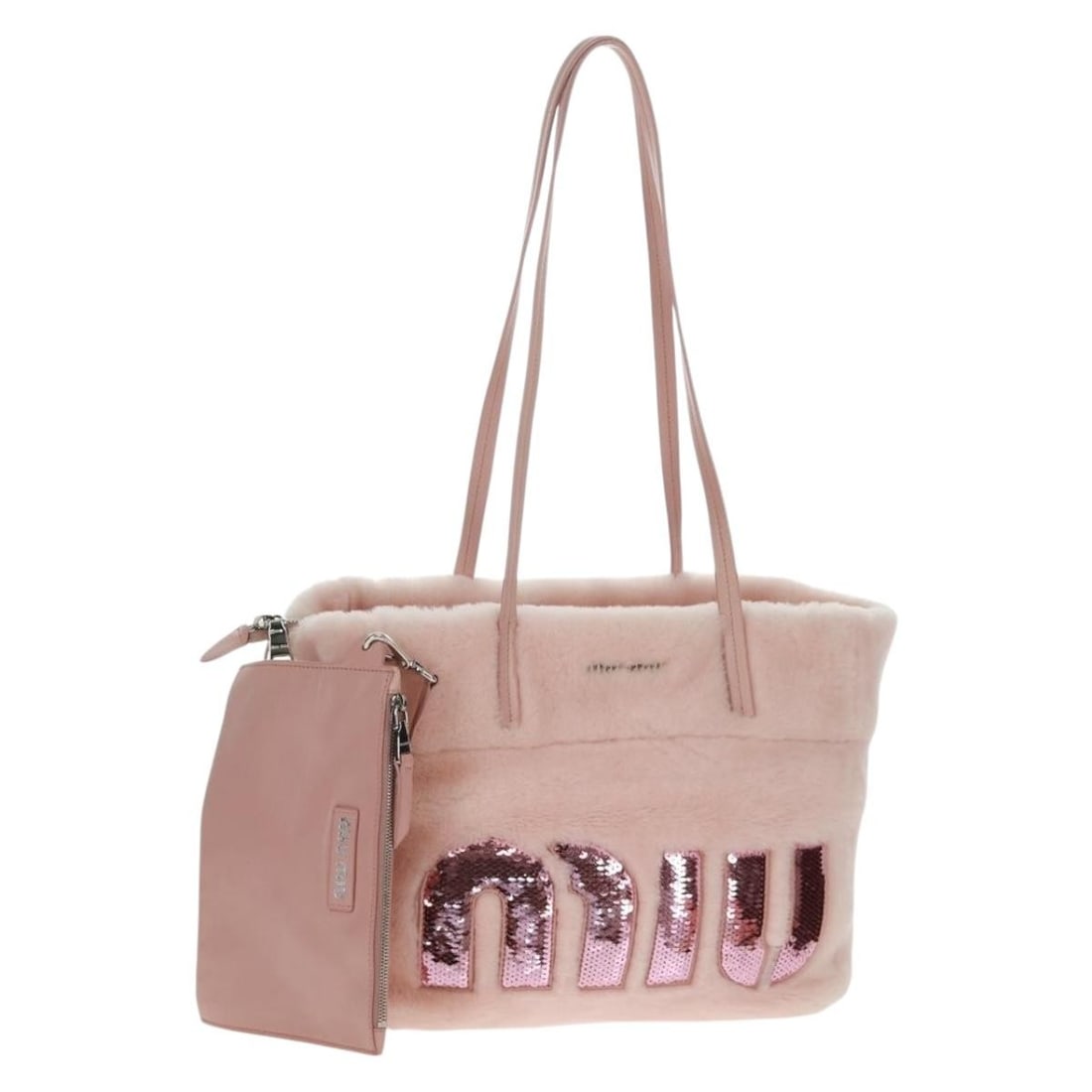 Miu Miu Pink Silver Montone Tote Leather Bag with Dust Bag and Pouch: Miu Miu Pink Silver Montone Tote Leather Bag with Dust Bag and Pouch This Miu Miu Montone Letter tote bag features pink and silver leather for a stylish and contemporary look. The tote is crafted in I