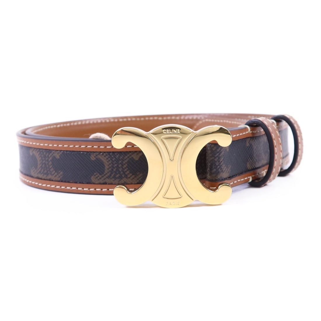 CELINE 85cm Black and Brown PVC Belt with Gold Hardware: CELINE 85cm Black and Brown PVC Belt with Gold Hardware This CELINE belt features a black and brown PVC design, complemented by gold tone hardware. The belt measures 85cm and is crafted in France. It
