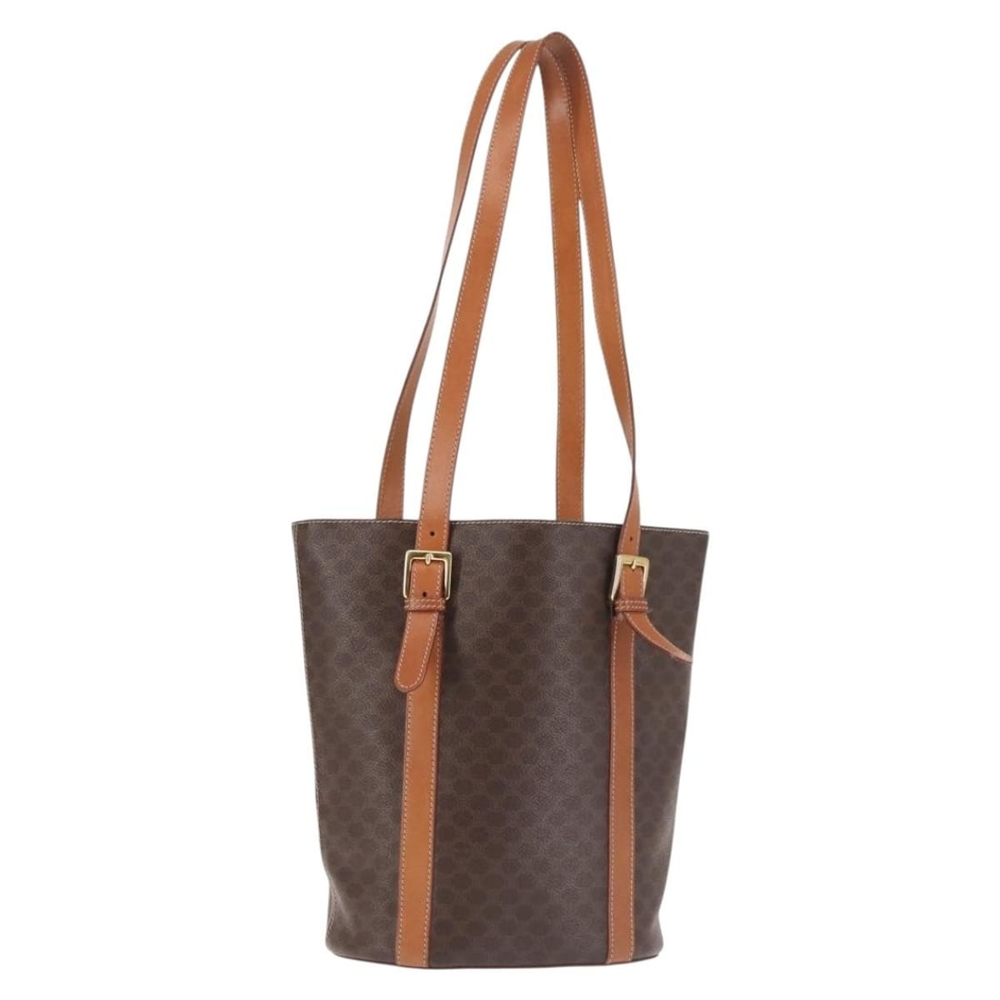 CELINE Macadam Brown Gold PVC Leather Tote Bag Italy: CELINE Macadam Brown Gold PVC Leather Tote Bag Italy This CELINE Macadam Canvas Tote Bag features a stylish combination of brown and gold tones, crafted from durable PVC leather. Measuring approximate