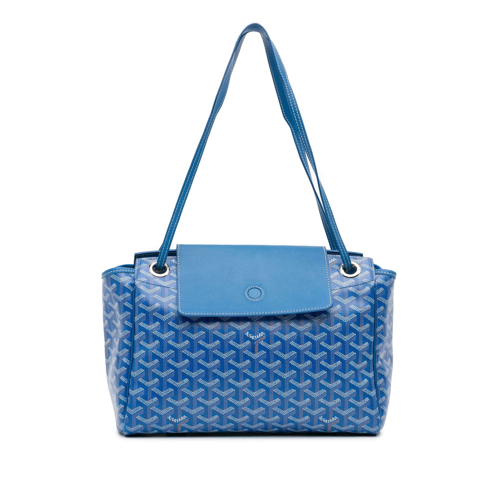 Goyardine Rouette Souple PM Blue Coated Canvas Shoulder Bag: Goyardine Rouette Souple PM Blue Coated Canvas Shoulder Bag The Goyardine Rouette Souple PM is a stylish shoulder bag crafted from durable coated canvas with elegant leather trim. This bag features fl