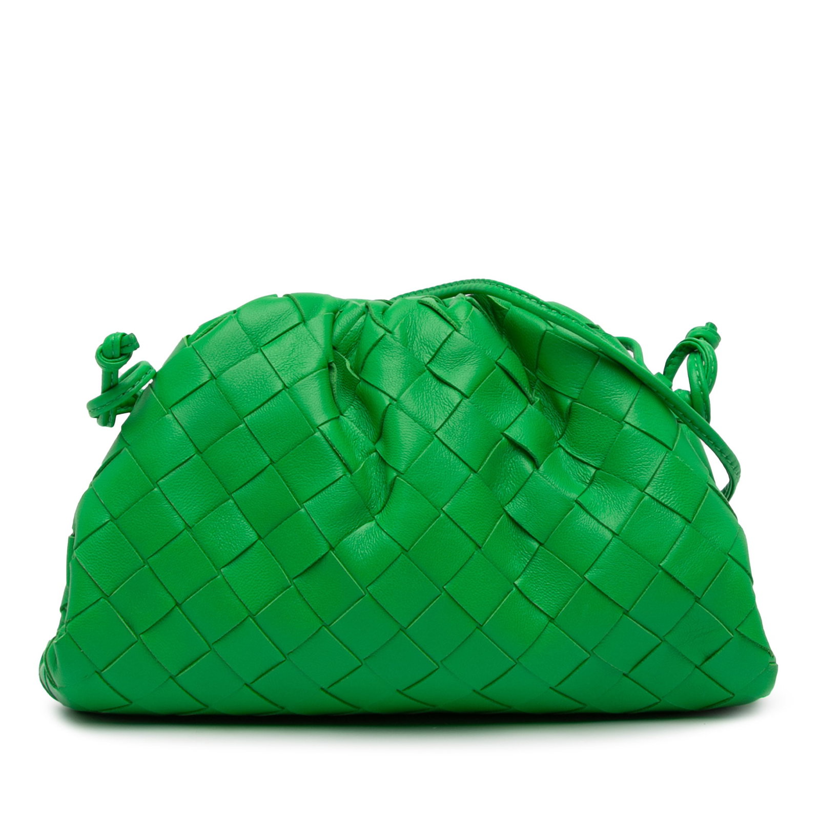 Green Leather Mini Pouch Crossbody Bag by Bottega Veneta Intrecciato: Green Leather Mini Pouch Crossbody Bag by Bottega Veneta Intrecciato This Bottega Veneta Mini Pouch Crossbody features the signature Intrecciato woven leather design in green. It is crafted with a fla